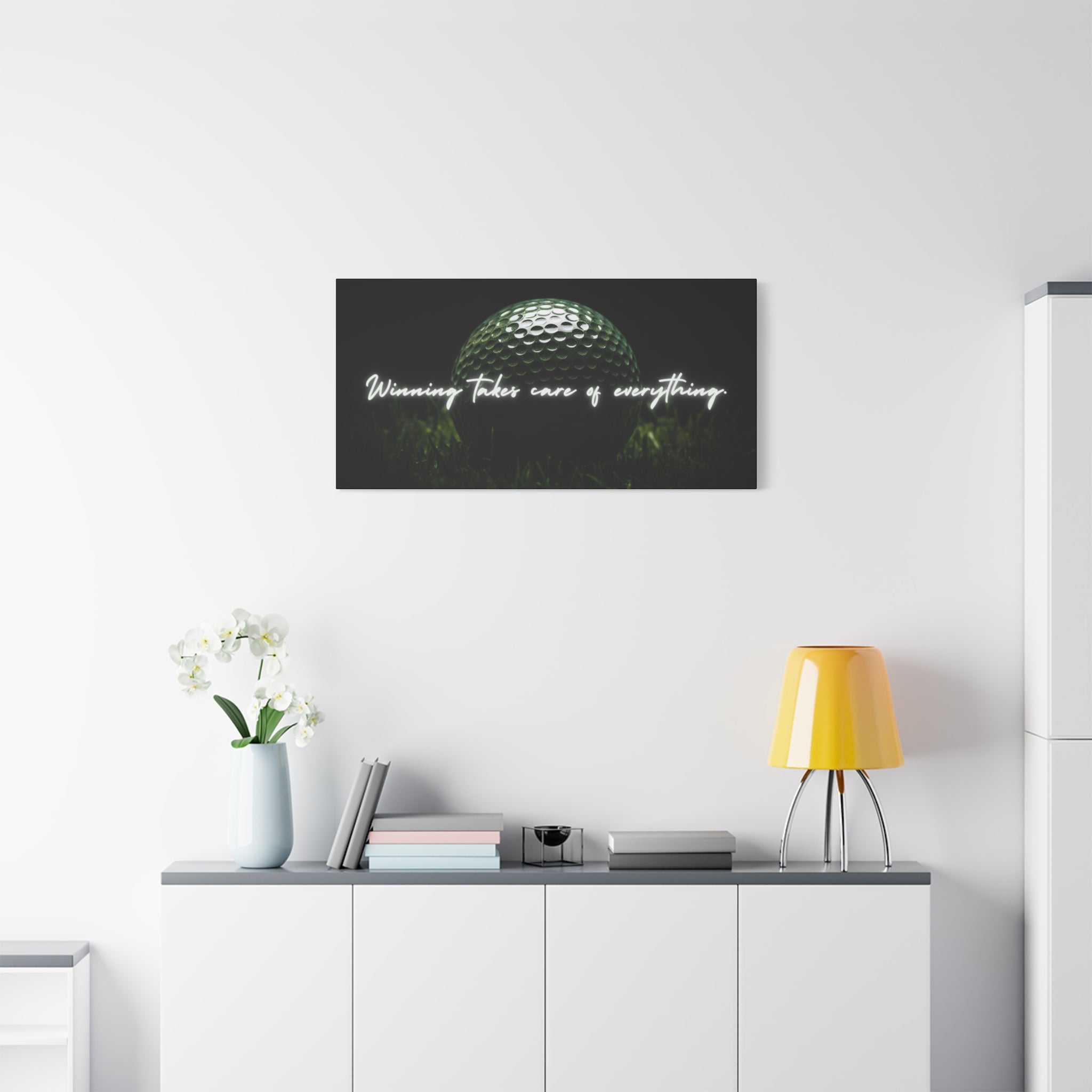 "Winning Takes Care of Everything" Golf Wall Art – Motivational Canvas Print for Golfers, Offices, or Man Caves