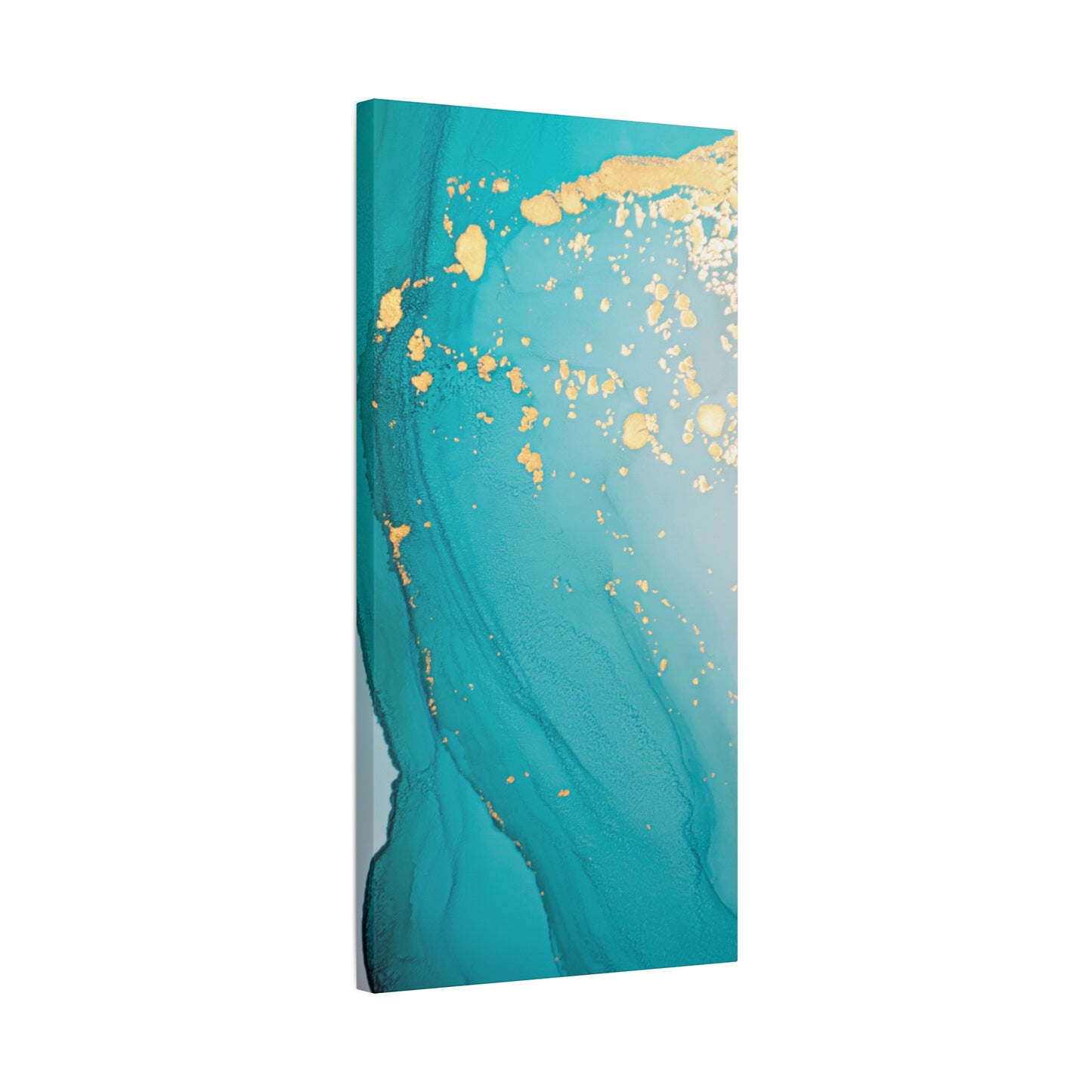 Turquoise & Gold Abstract Wall Art – Fluid Ink Canvas Print with Pink Accents for Modern Interior Décor