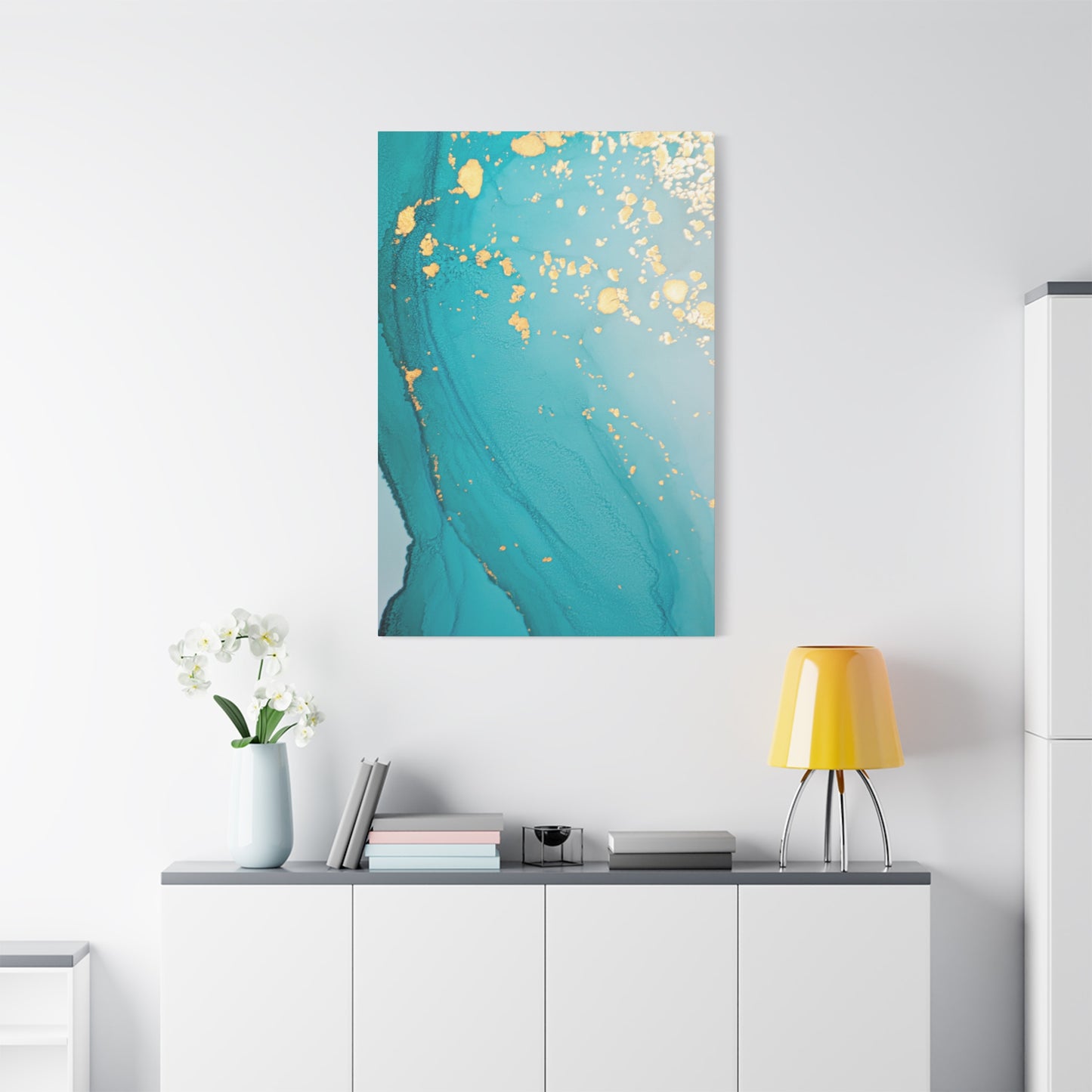 Turquoise & Gold Abstract Wall Art – Fluid Ink Canvas Print with Pink Accents for Modern Interior Décor