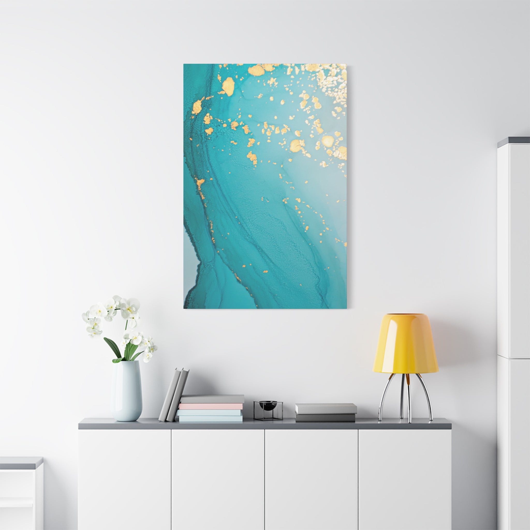 Turquoise & Gold Abstract Wall Art – Fluid Ink Canvas Print with Pink Accents for Modern Interior Décor