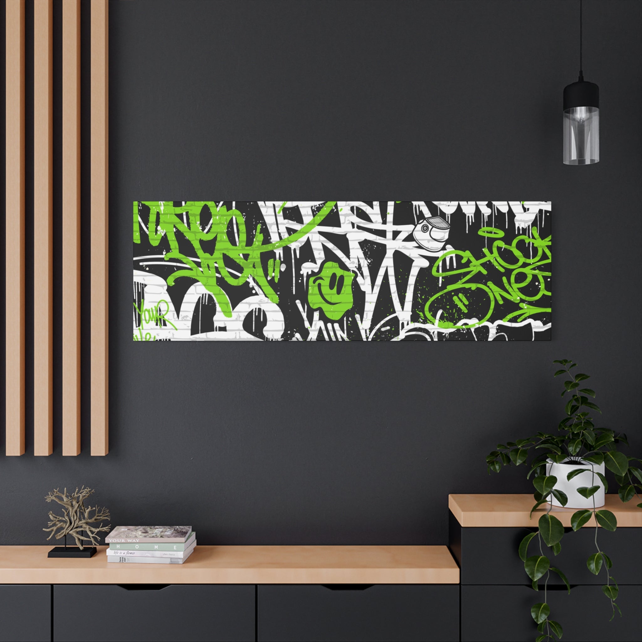 Neon Green Graffiti Wall Art – Urban Street Style Canvas with Tags, Smiley Faces & Brick Texture