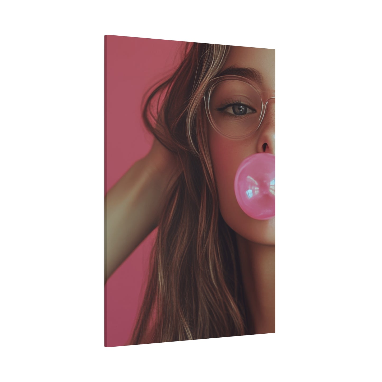 Trendy Bubblegum Girl Wall Art – Soft Pink Portrait Canvas Print with Retro Glasses Aesthetic