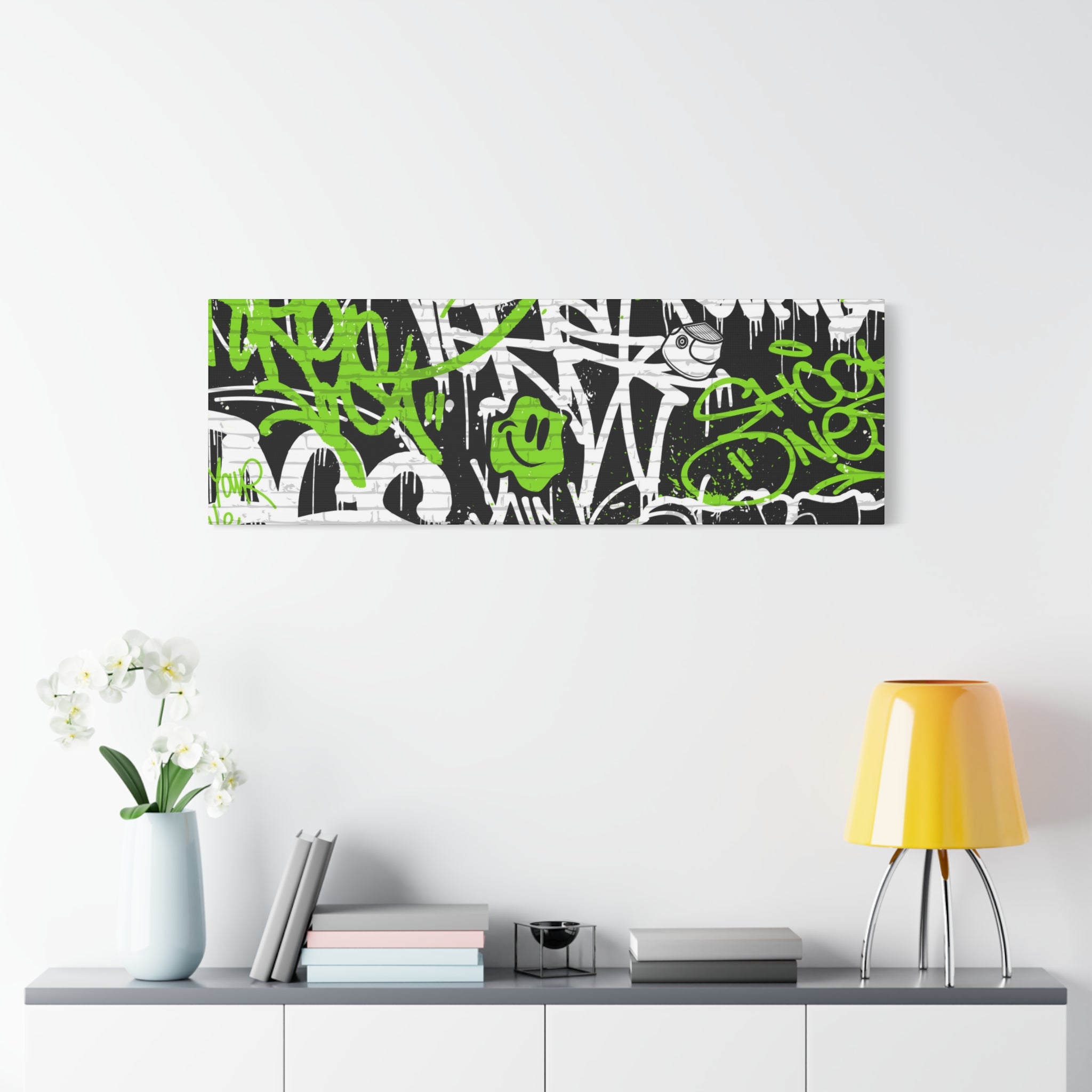Neon Green Graffiti Wall Art – Urban Street Style Canvas with Tags, Smiley Faces & Brick Texture
