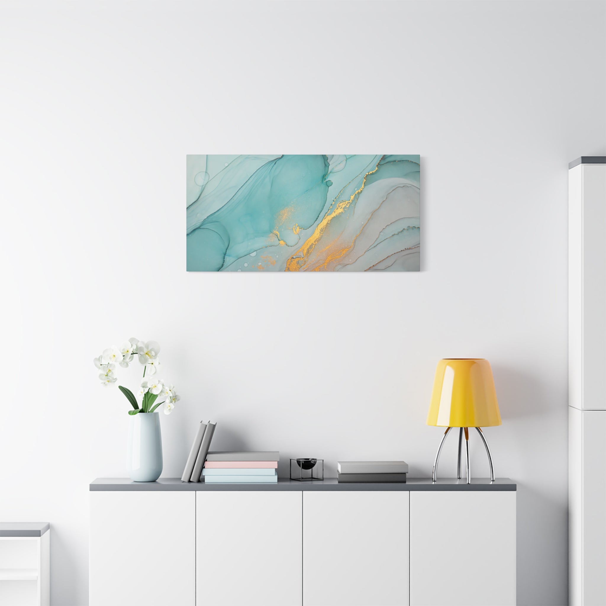 Aqua & Gold Fluid Abstract Canvas Wall Art – Modern Watercolor-Inspired Artwork for Living Room, Bedroom, or Office