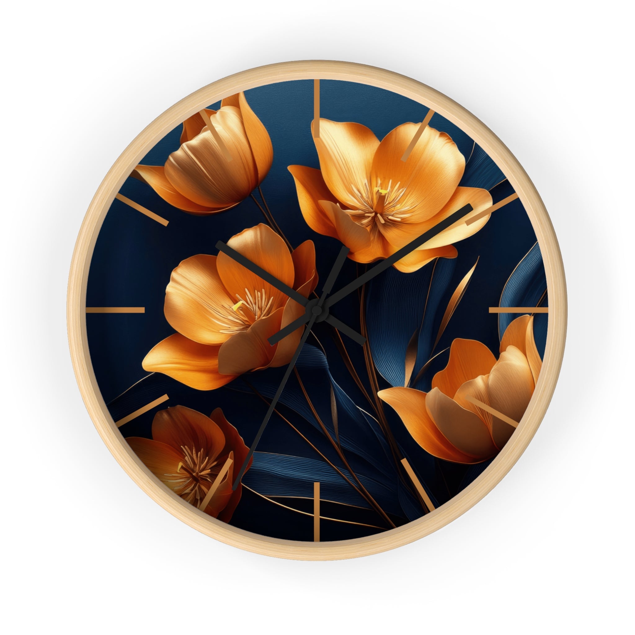 Golden Tulip Wall Clock – Elegant Floral Decor with Midnight Blue Backdrop