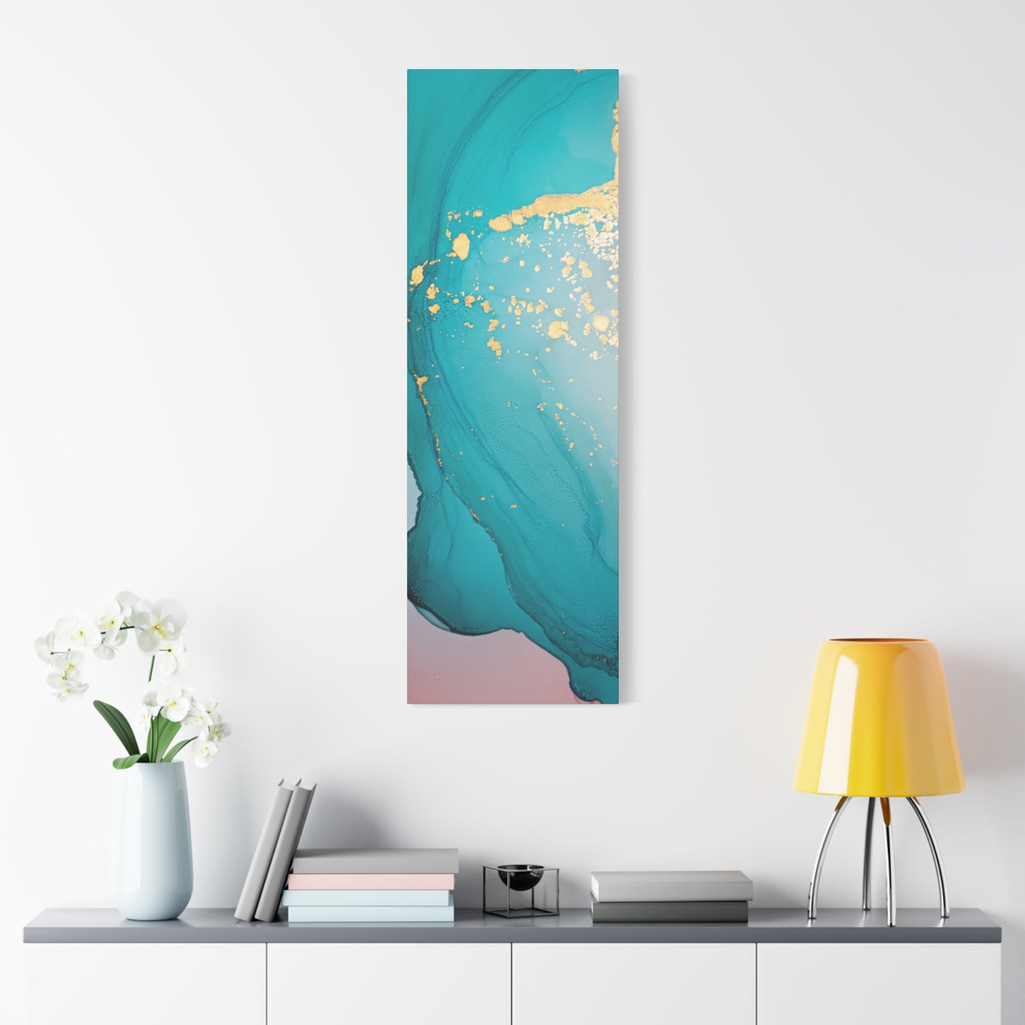 Turquoise & Gold Abstract Wall Art – Fluid Ink Canvas Print with Pink Accents for Modern Interior Décor
