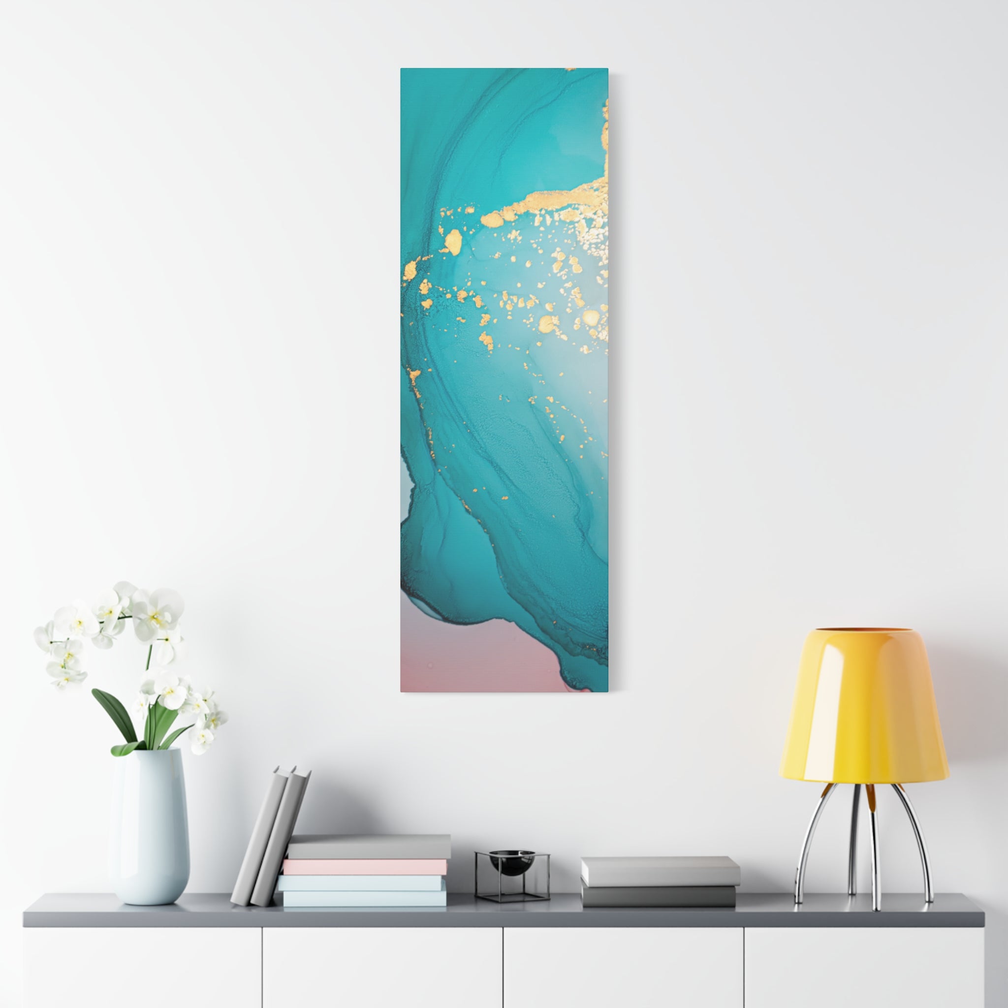 Turquoise & Gold Abstract Wall Art – Fluid Ink Canvas Print with Pink Accents for Modern Interior Décor