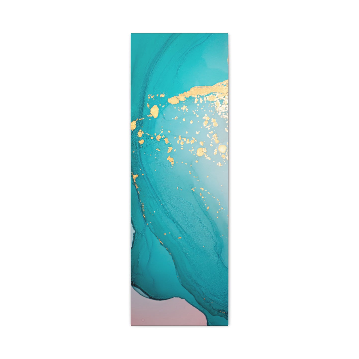 Turquoise & Gold Abstract Wall Art – Fluid Ink Canvas Print with Pink Accents for Modern Interior Décor