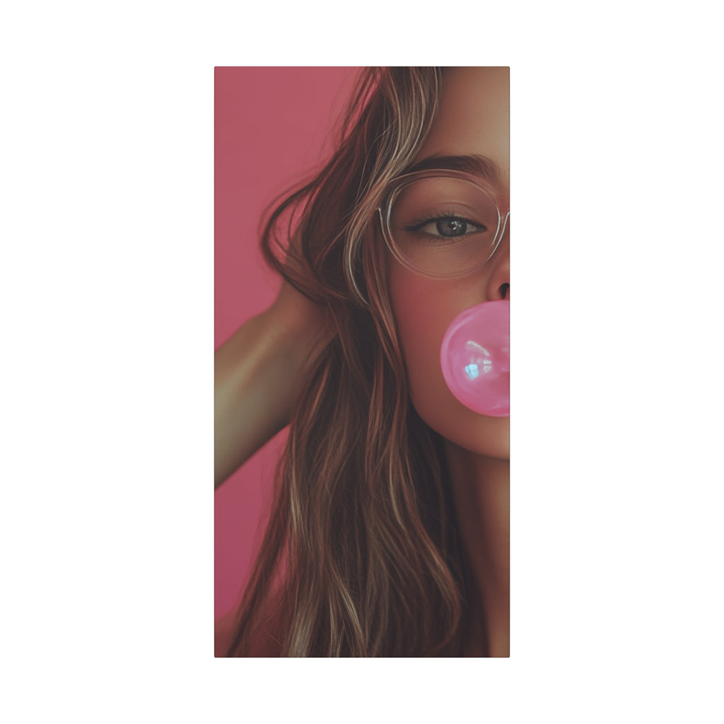 Trendy Bubblegum Girl Wall Art – Soft Pink Portrait Canvas Print with Retro Glasses Aesthetic