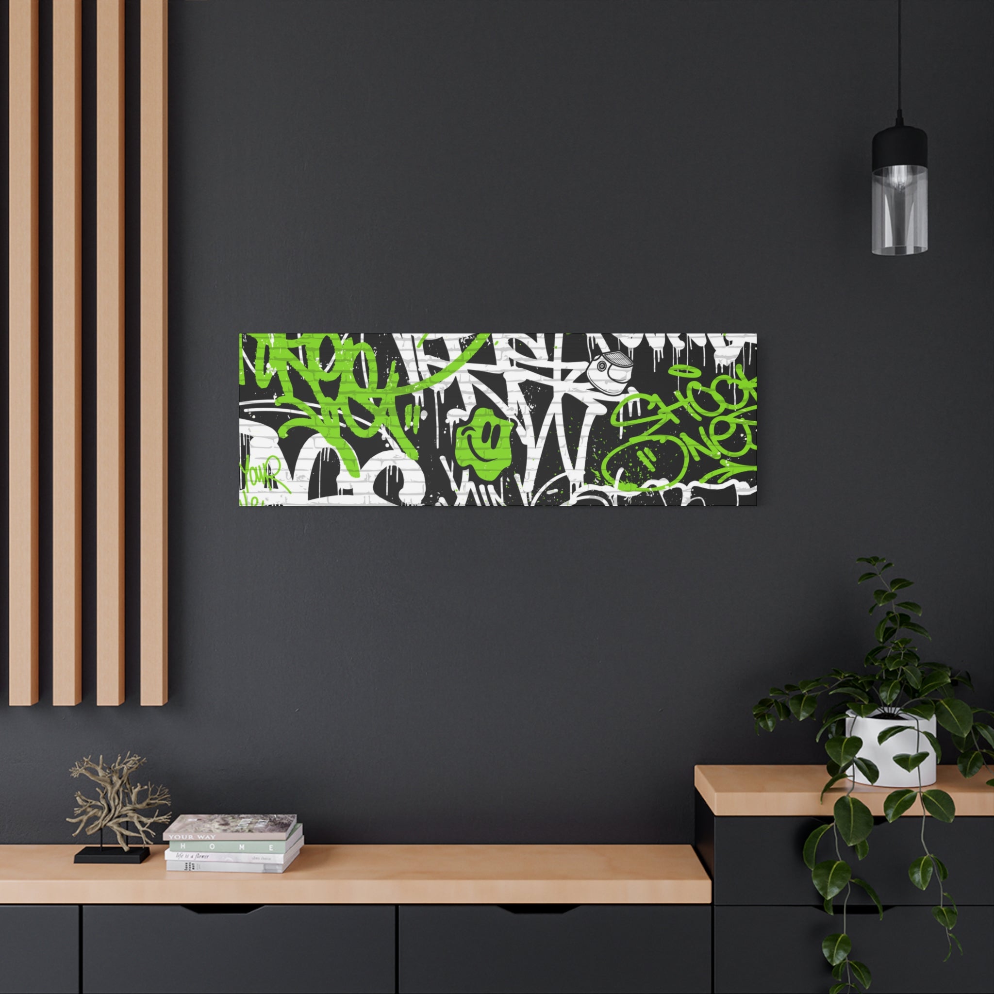 Neon Green Graffiti Wall Art – Urban Street Style Canvas with Tags, Smiley Faces & Brick Texture