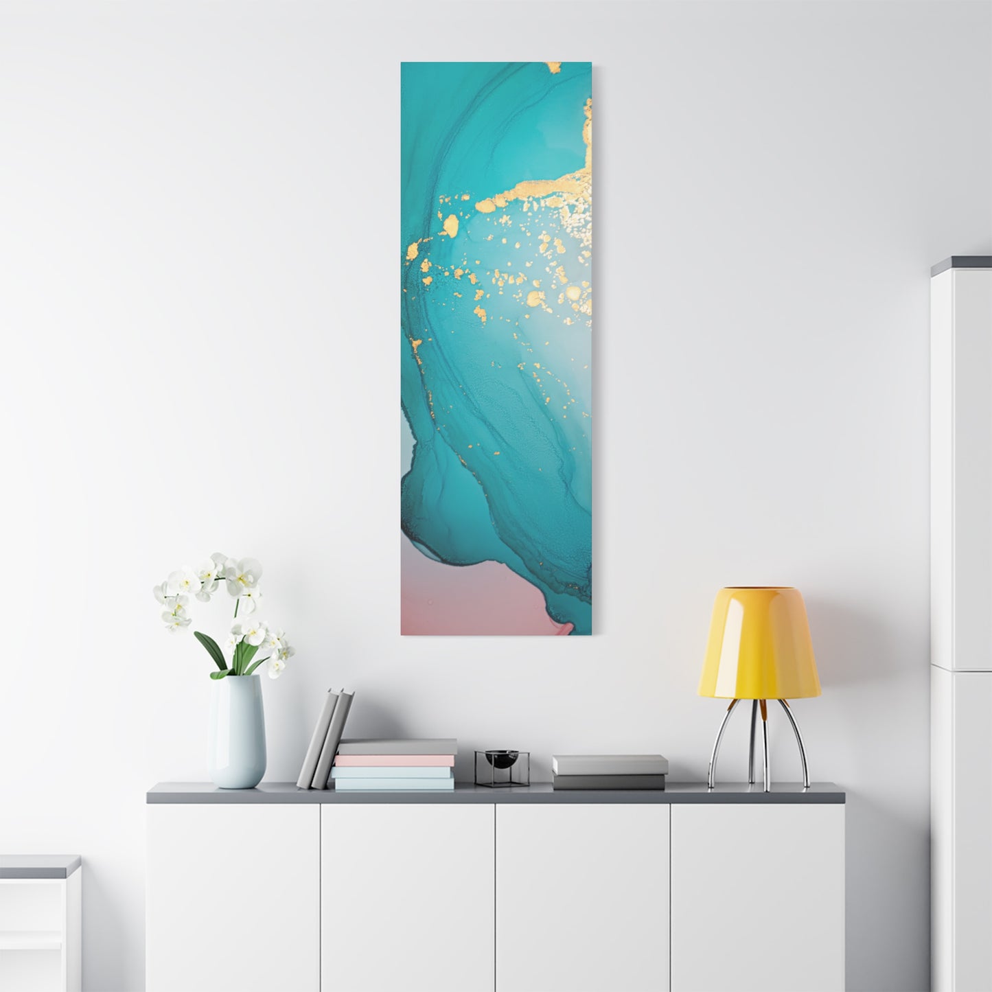 Turquoise & Gold Abstract Wall Art – Fluid Ink Canvas Print with Pink Accents for Modern Interior Décor