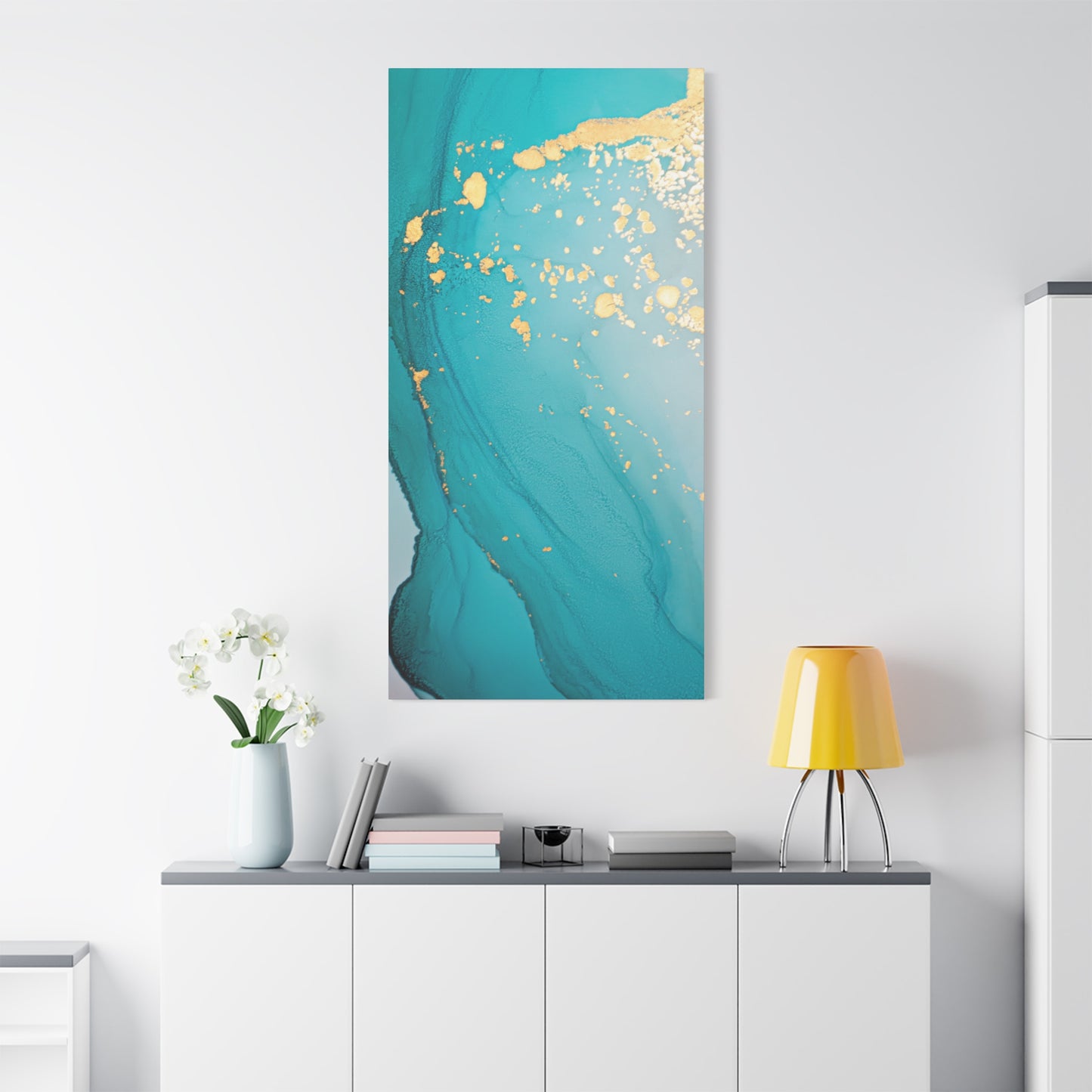 Turquoise & Gold Abstract Wall Art – Fluid Ink Canvas Print with Pink Accents for Modern Interior Décor
