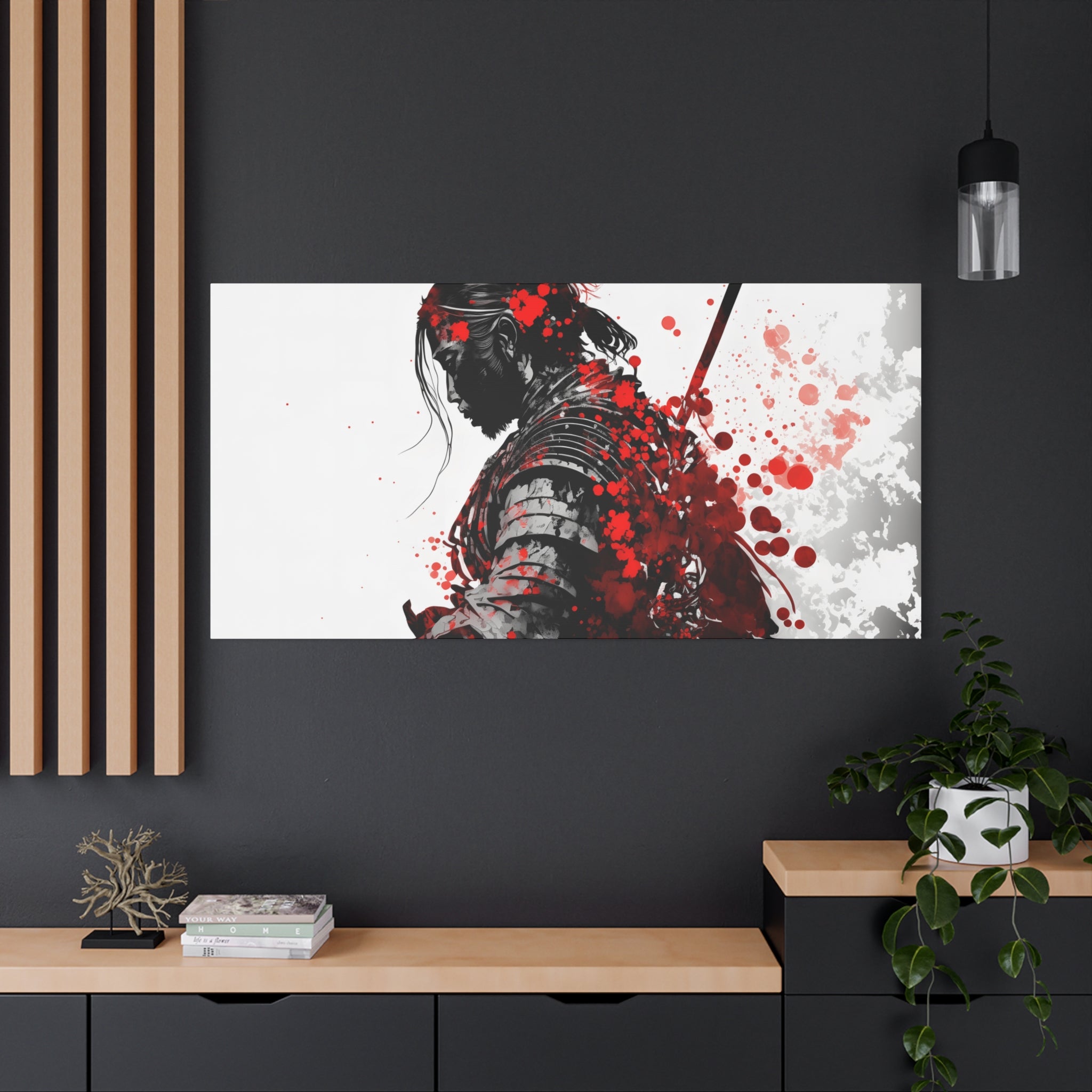 Samurai Warrior Ink Art – Red and Black Japanese Brush Style Canvas Print for Bold, Minimalist Spaces