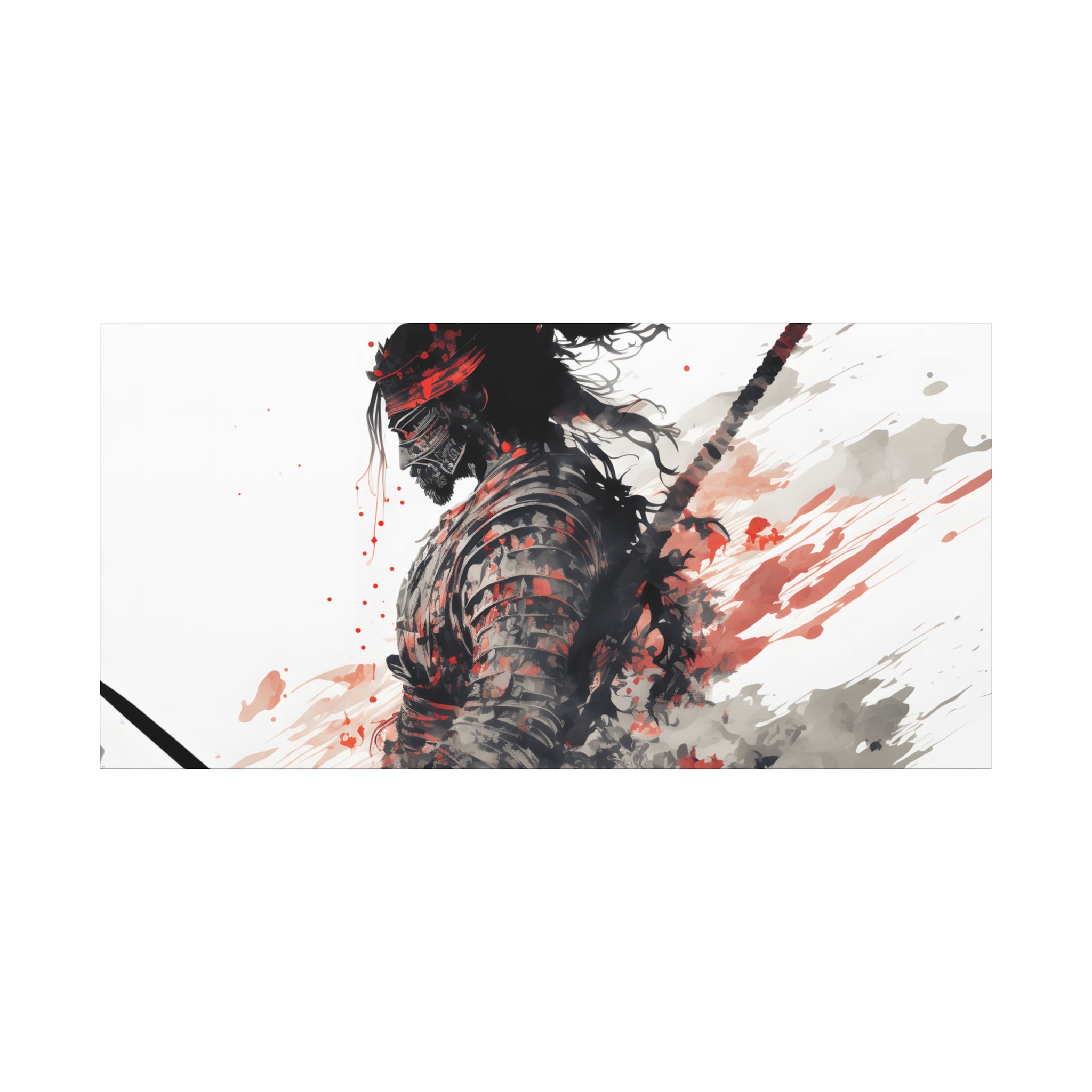 Bushido Samurai Ink Art – Red and Grey Watercolor Canvas Print of Warrior in Armor with Katana