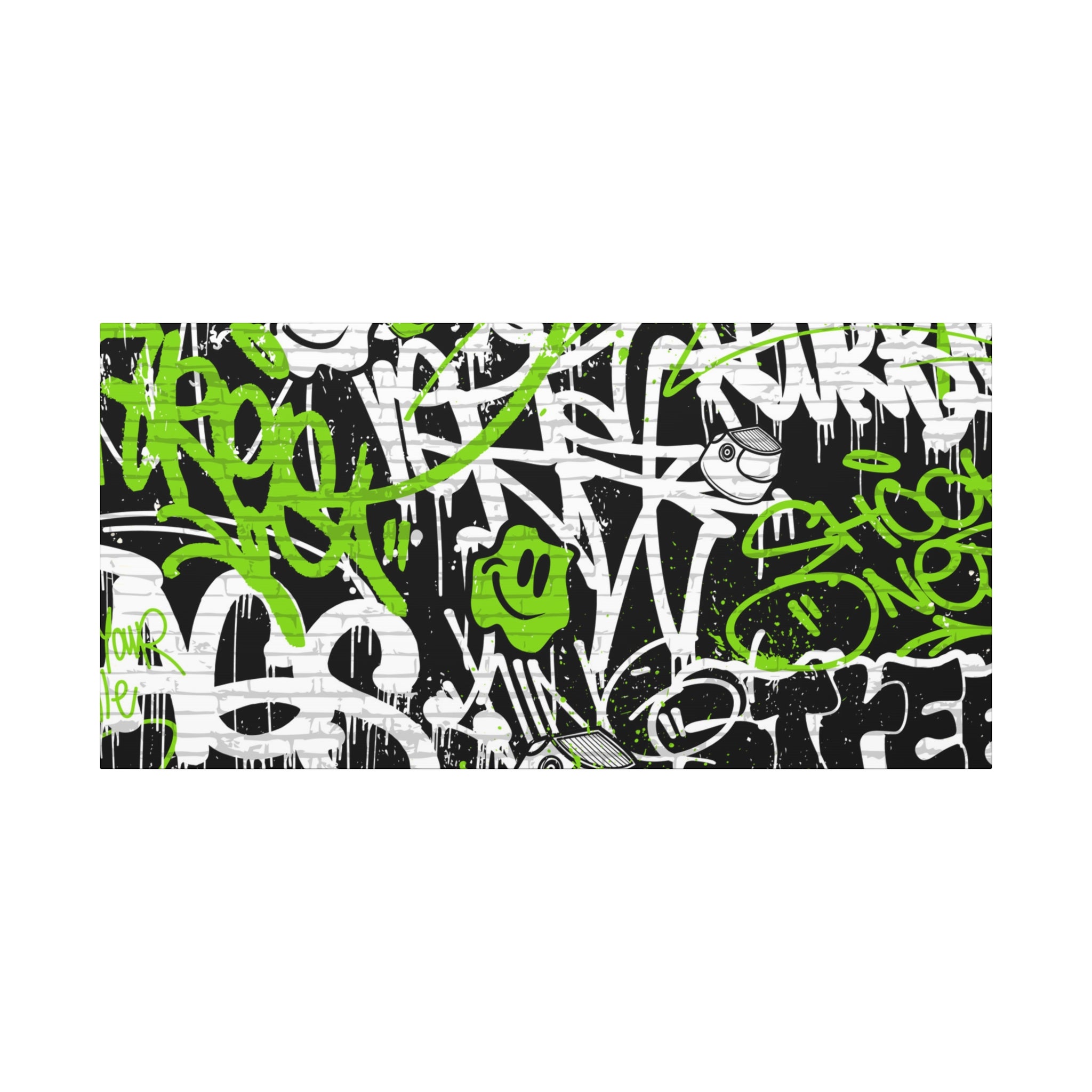 Neon Green Graffiti Wall Art – Urban Street Style Canvas with Tags, Smiley Faces & Brick Texture