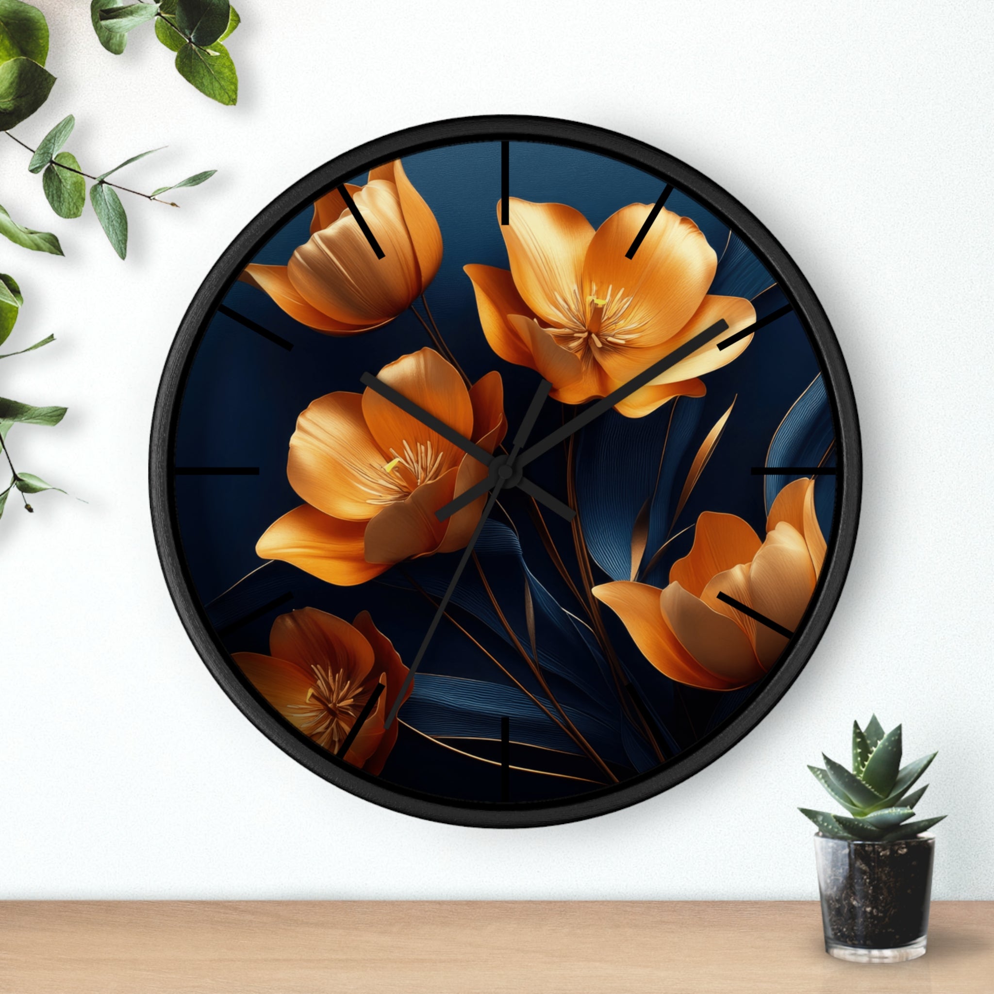 Golden Tulip Wall Clock – Elegant Floral Decor with Midnight Blue Backdrop