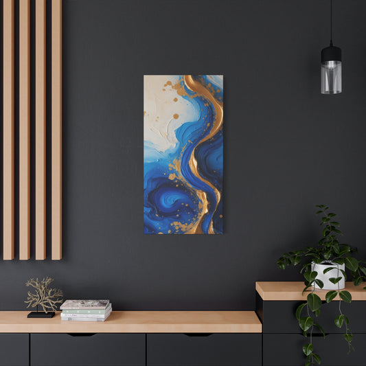 Blue and Gold Abstract Fluid Wall Art – Luxury Canvas Print with Textured Paint Swirls for Modern Home Décor