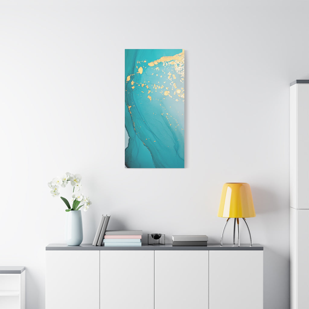 Turquoise & Gold Abstract Wall Art – Fluid Ink Canvas Print with Pink Accents for Modern Interior Décor
