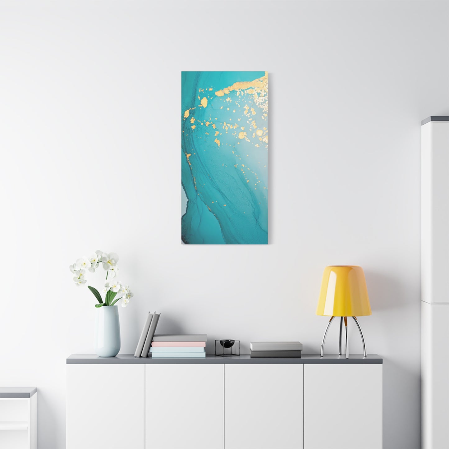 Turquoise & Gold Abstract Wall Art – Fluid Ink Canvas Print with Pink Accents for Modern Interior Décor