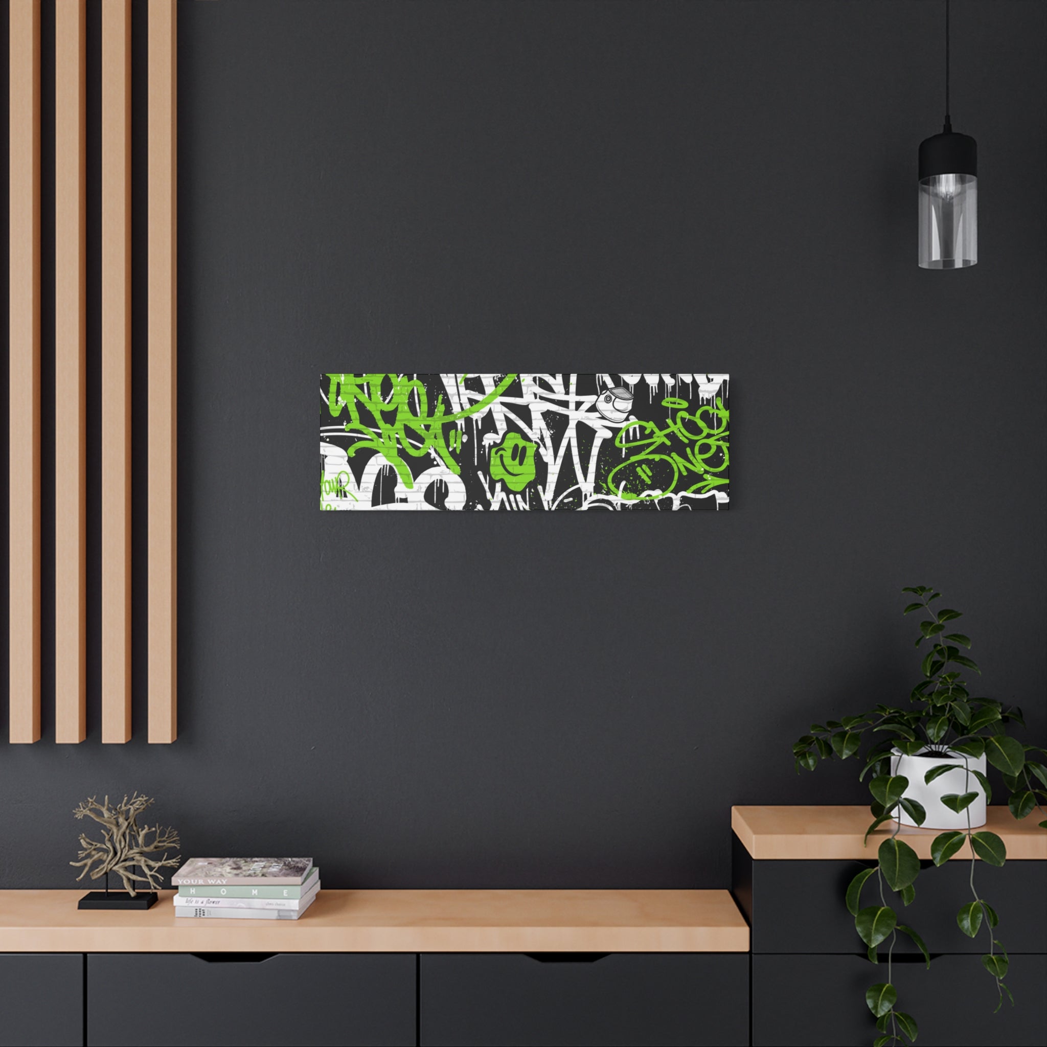 Neon Green Graffiti Wall Art – Urban Street Style Canvas with Tags, Smiley Faces & Brick Texture