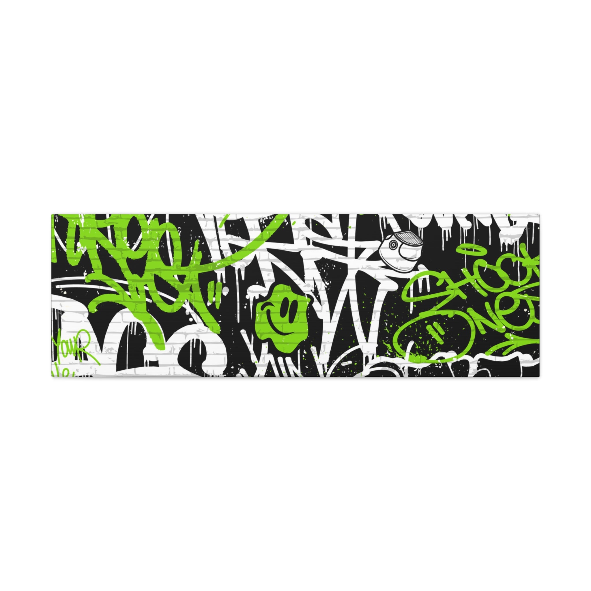 Neon Green Graffiti Wall Art – Urban Street Style Canvas with Tags, Smiley Faces & Brick Texture