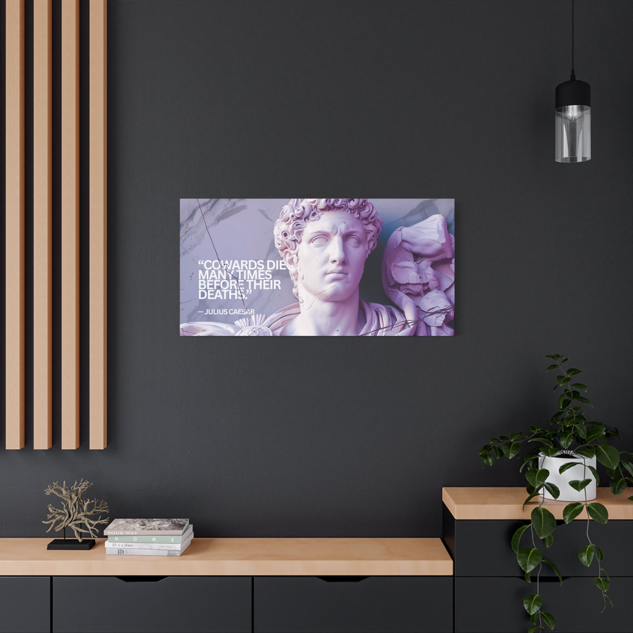“Cowards Die Many Times” Julius Caesar Quote Wall Art – Lavender Roman Bust Canvas for Bold and Thoughtful Spaces