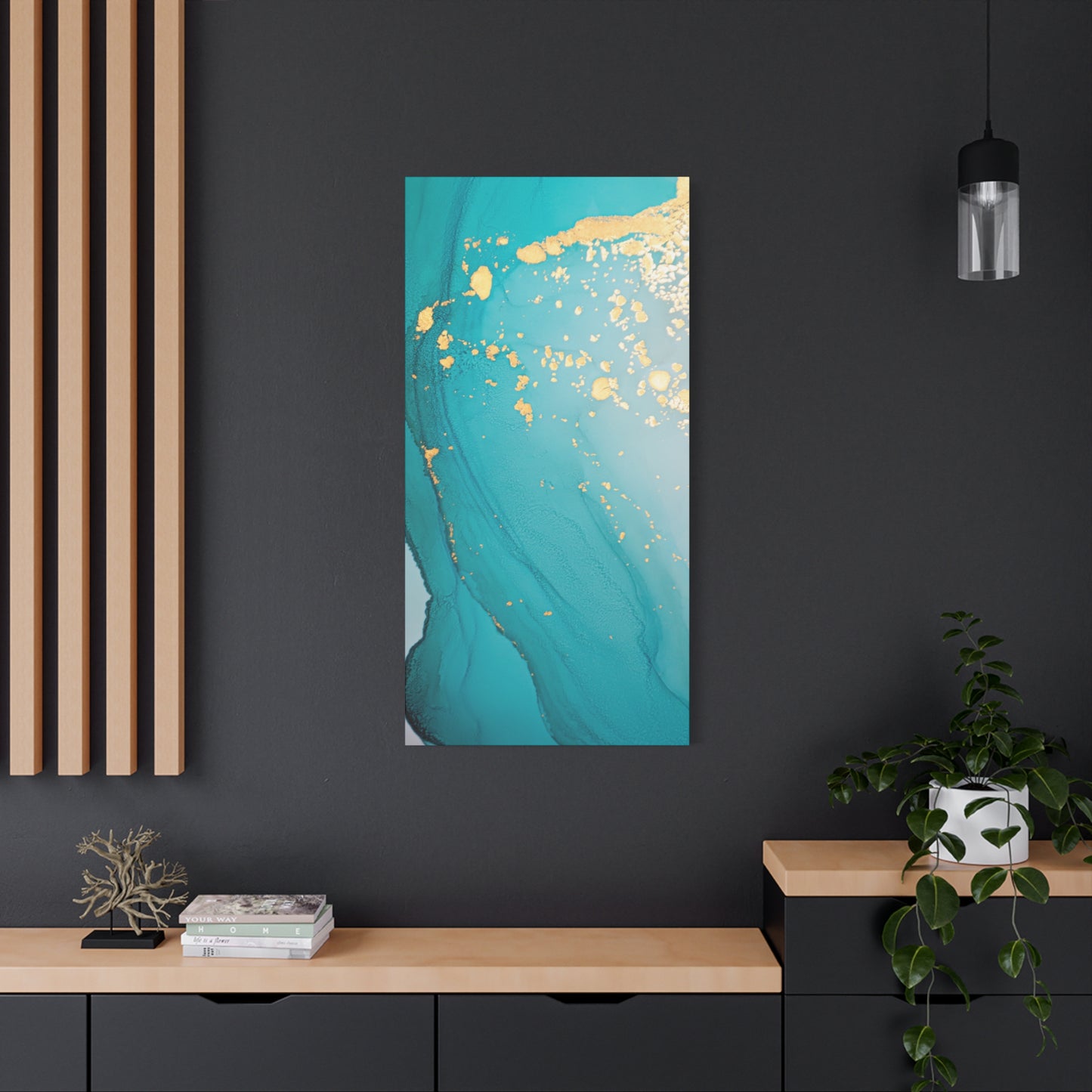 Turquoise & Gold Abstract Wall Art – Fluid Ink Canvas Print with Pink Accents for Modern Interior Décor