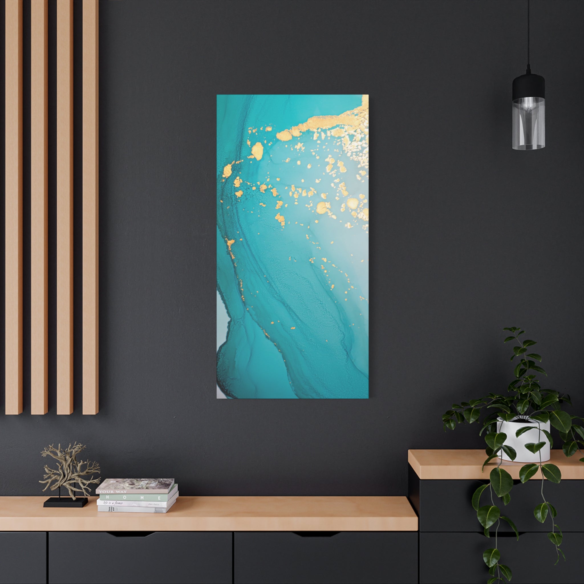 Turquoise & Gold Abstract Wall Art – Fluid Ink Canvas Print with Pink Accents for Modern Interior Décor