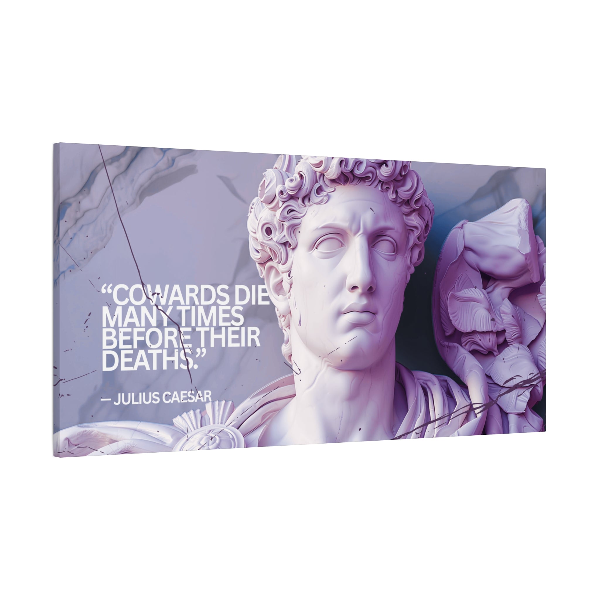 “Cowards Die Many Times” Julius Caesar Quote Wall Art – Lavender Roman Bust Canvas for Bold and Thoughtful Spaces