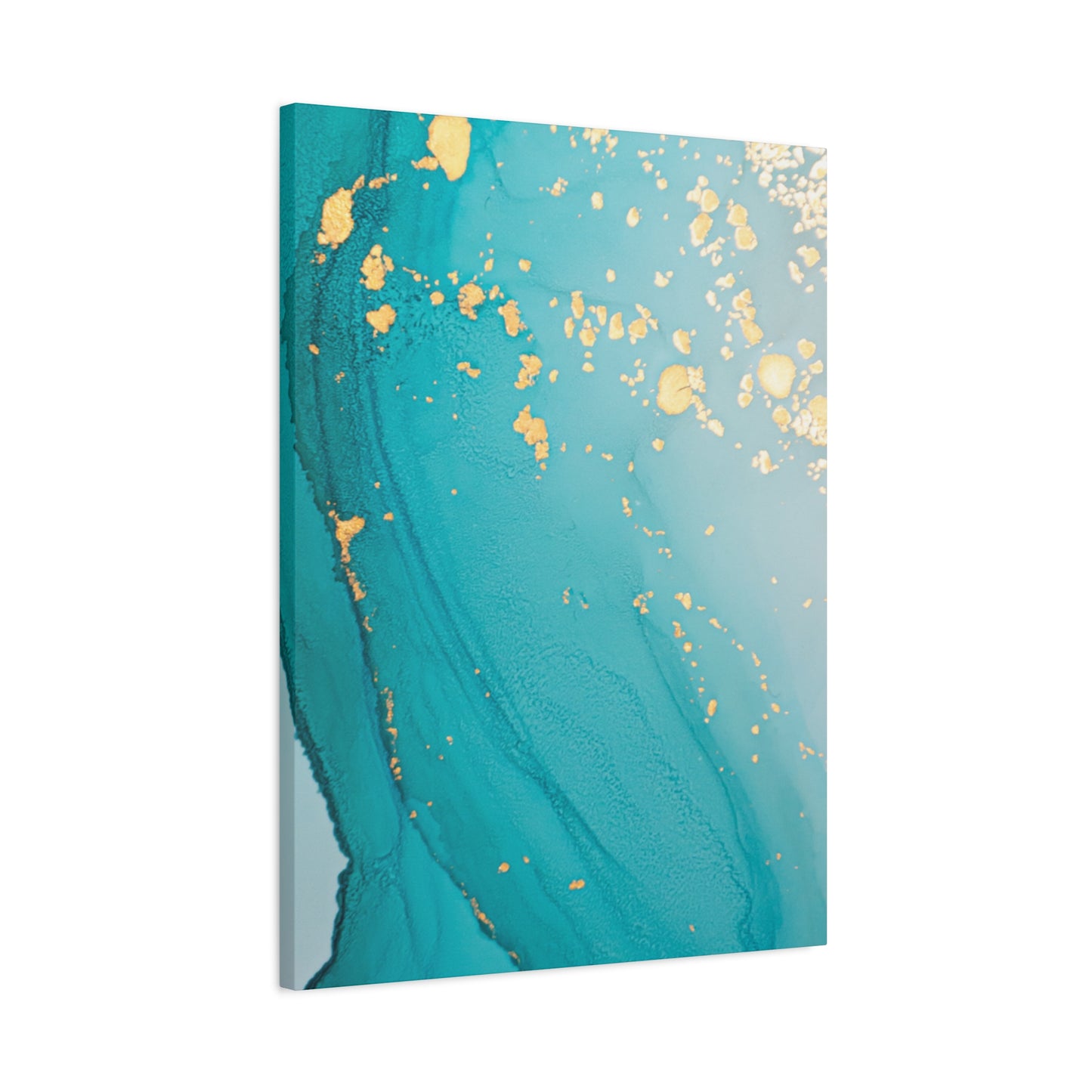 Turquoise & Gold Abstract Wall Art – Fluid Ink Canvas Print with Pink Accents for Modern Interior Décor