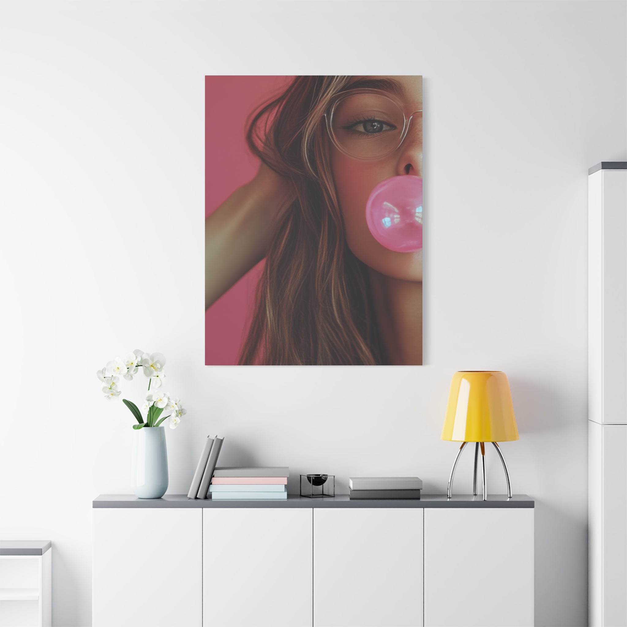 Trendy Bubblegum Girl Wall Art – Soft Pink Portrait Canvas Print with Retro Glasses Aesthetic