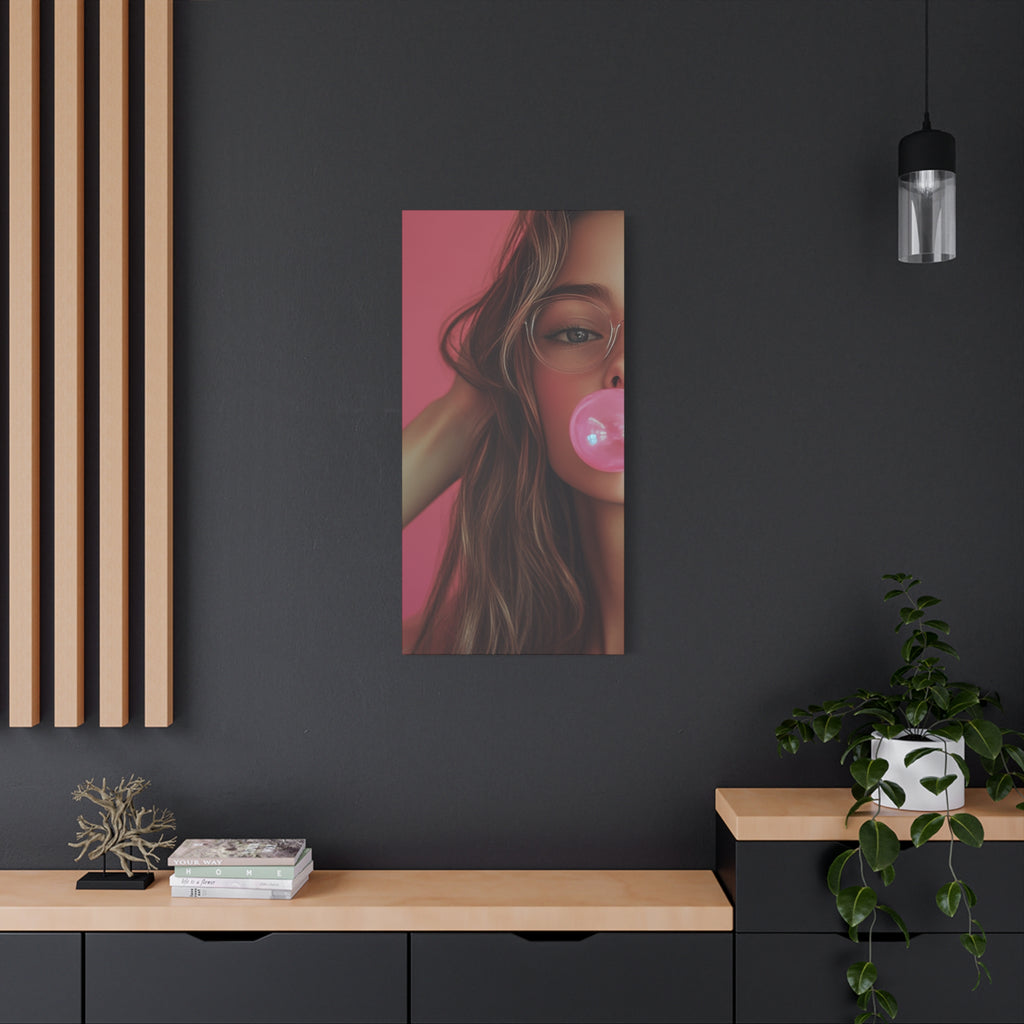 Trendy Bubblegum Girl Wall Art – Soft Pink Portrait Canvas Print with Retro Glasses Aesthetic
