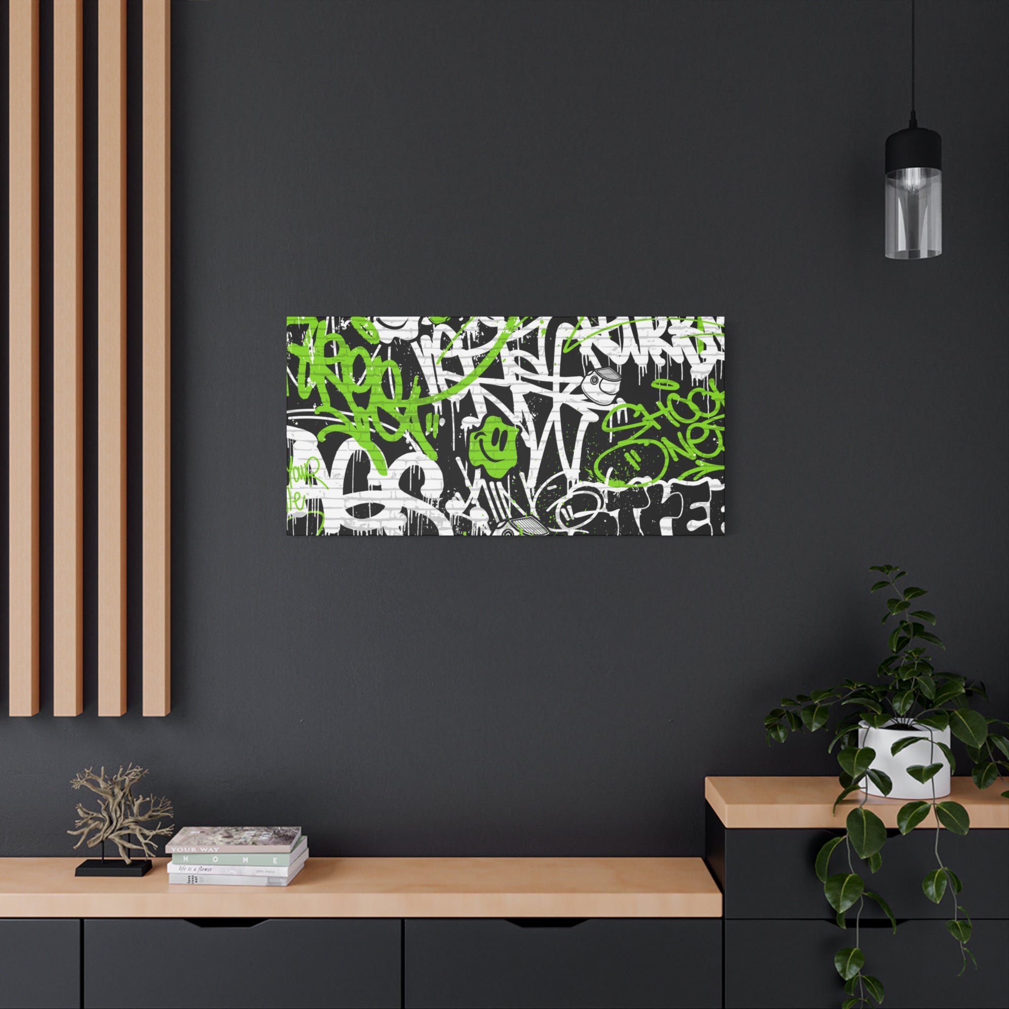 Neon Green Graffiti Wall Art – Urban Street Style Canvas with Tags, Smiley Faces & Brick Texture