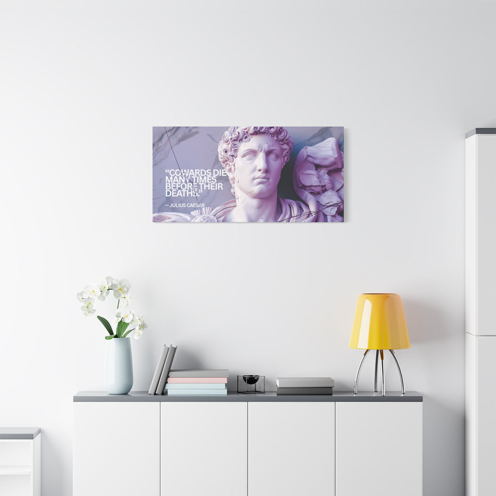 “Cowards Die Many Times” Julius Caesar Quote Wall Art – Lavender Roman Bust Canvas for Bold and Thoughtful Spaces