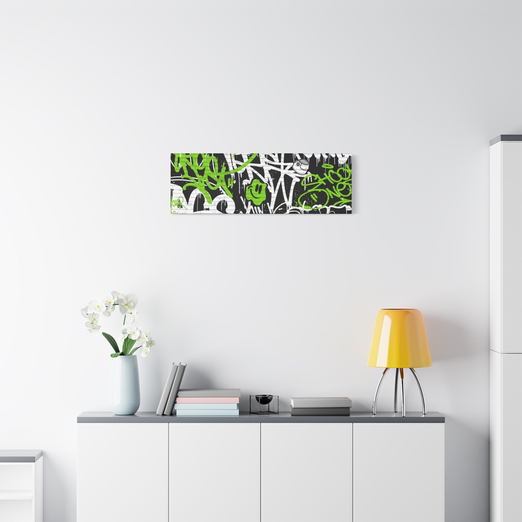 Neon Green Graffiti Wall Art – Urban Street Style Canvas with Tags, Smiley Faces & Brick Texture