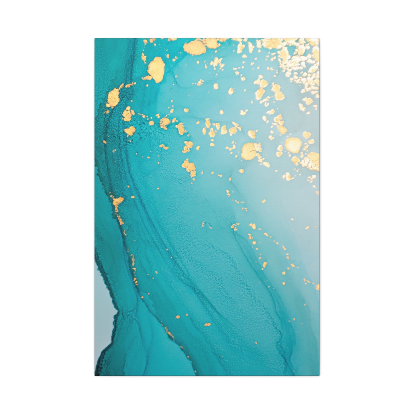 Turquoise & Gold Abstract Wall Art – Fluid Ink Canvas Print with Pink Accents for Modern Interior Décor