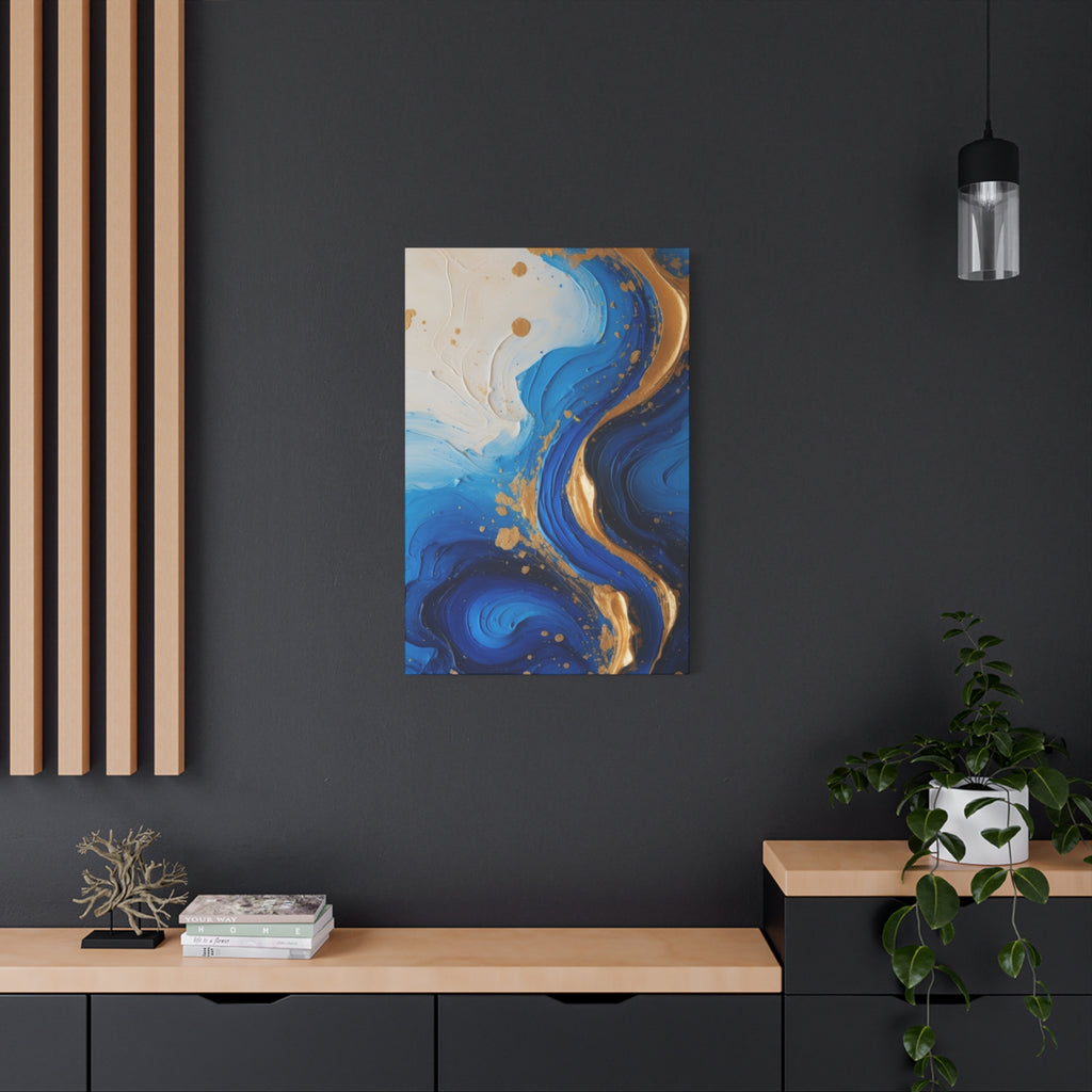 Blue and Gold Abstract Fluid Wall Art – Luxury Canvas Print with Textured Paint Swirls for Modern Home Décor