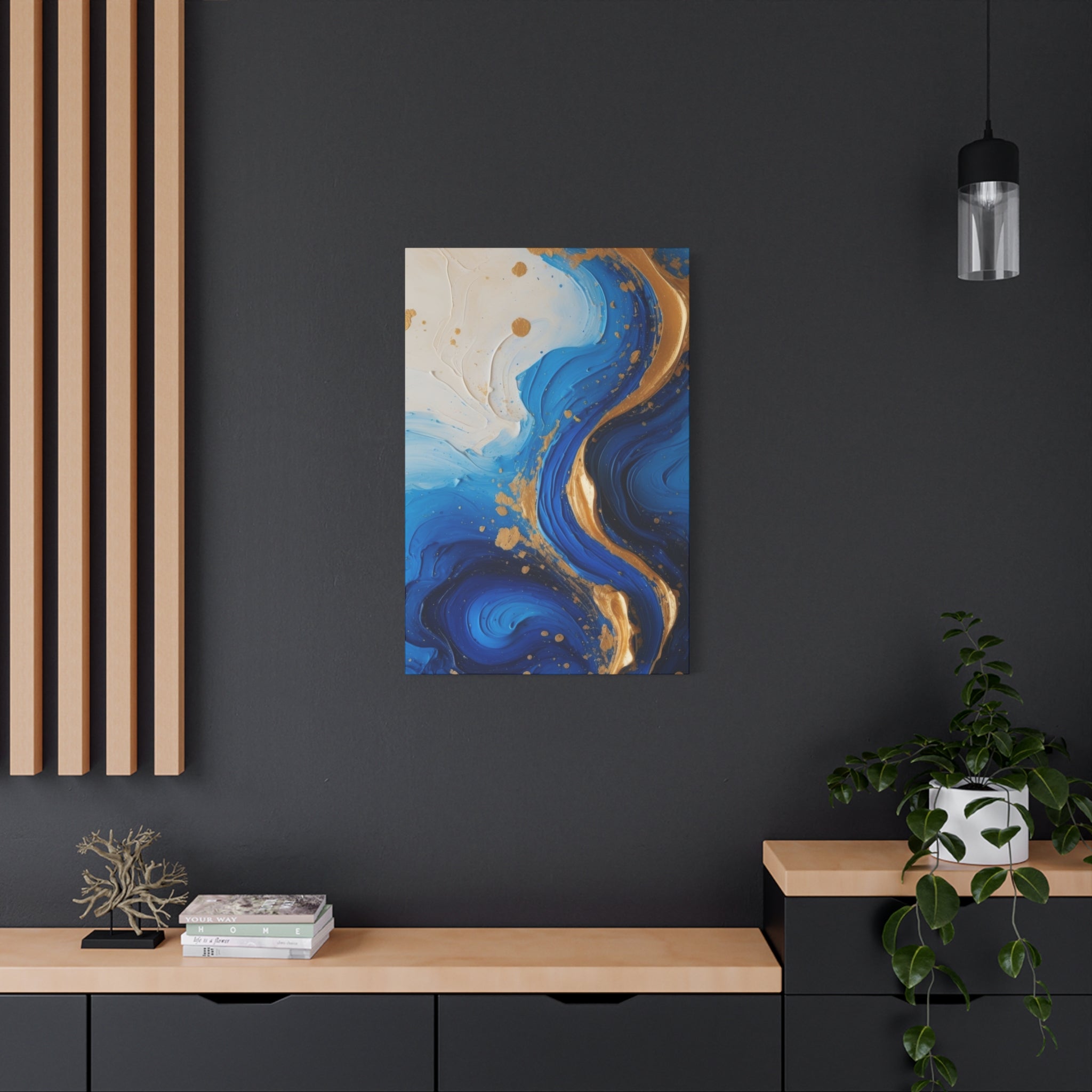 Blue and Gold Abstract Fluid Wall Art – Luxury Canvas Print with Textured Paint Swirls for Modern Home Décor