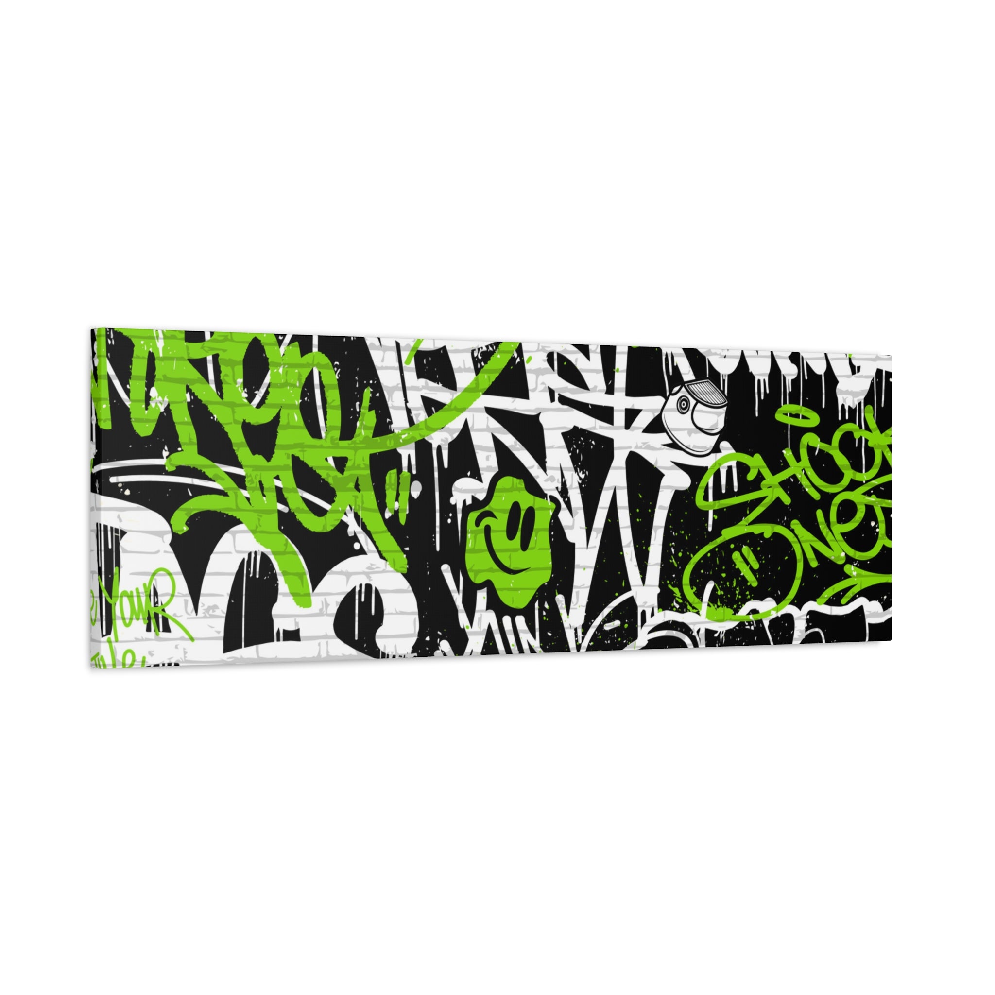 Neon Green Graffiti Wall Art – Urban Street Style Canvas with Tags, Smiley Faces & Brick Texture