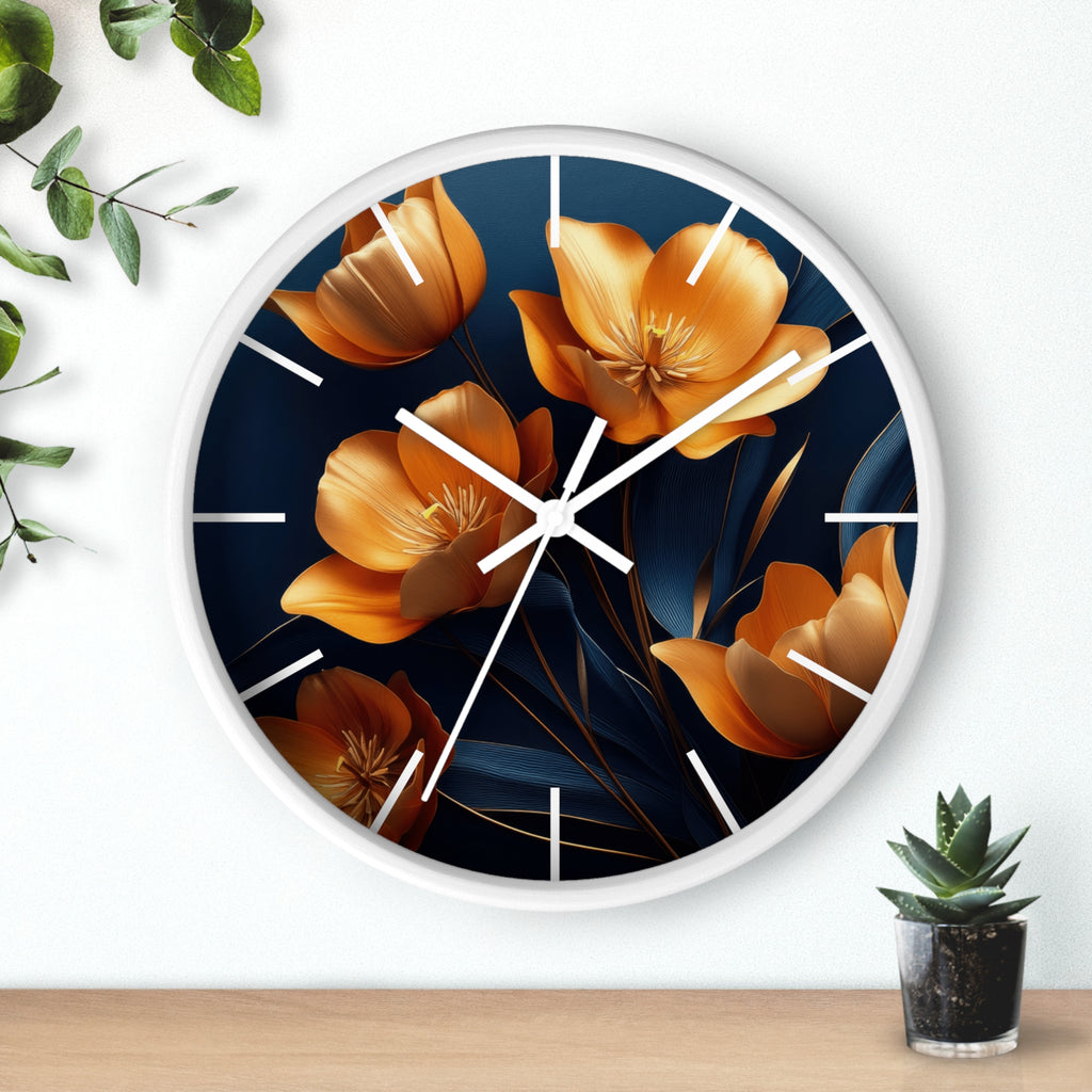 Golden Tulip Wall Clock – Elegant Floral Decor with Midnight Blue Backdrop