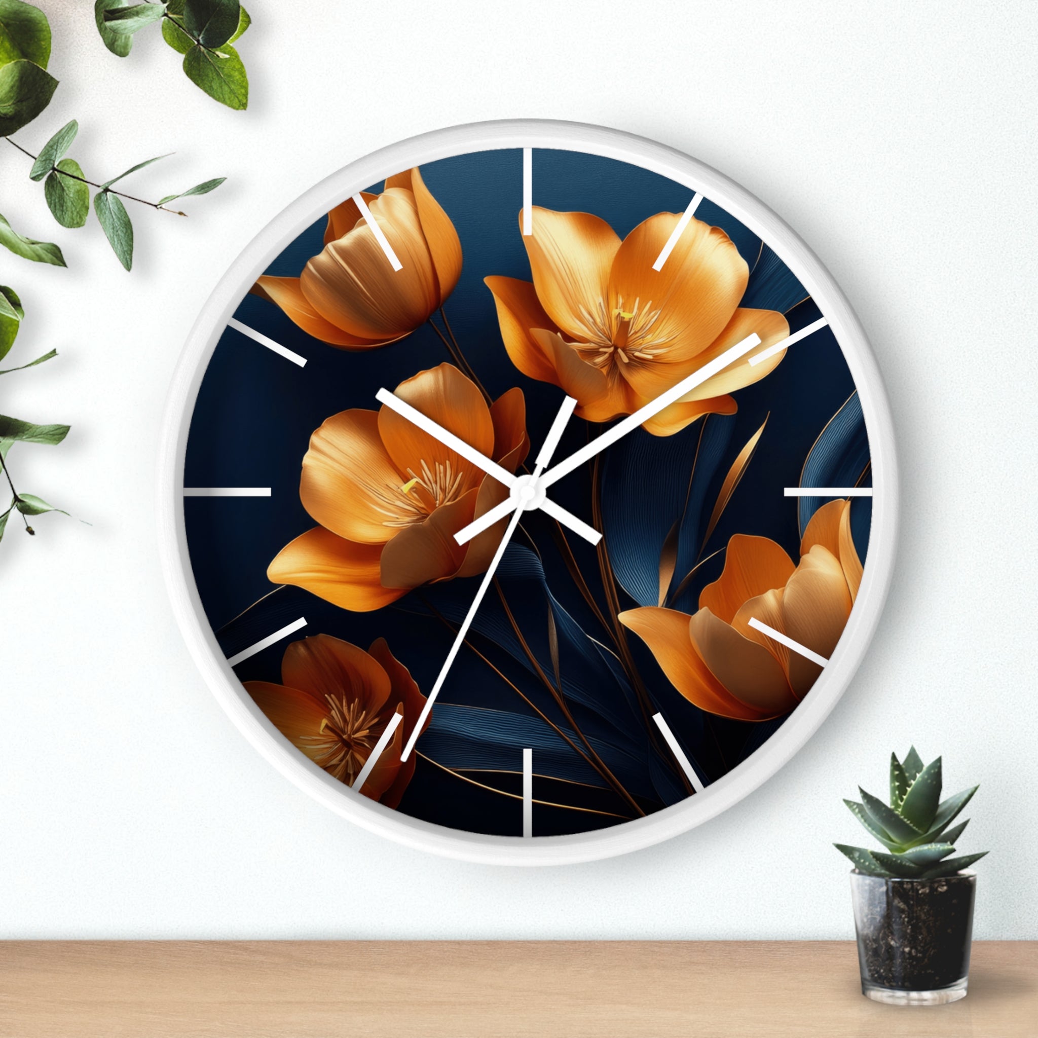 Golden Tulip Wall Clock – Elegant Floral Decor with Midnight Blue Backdrop