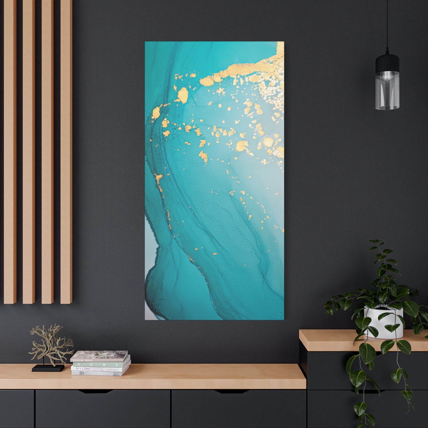 Turquoise & Gold Abstract Wall Art – Fluid Ink Canvas Print with Pink Accents for Modern Interior Décor