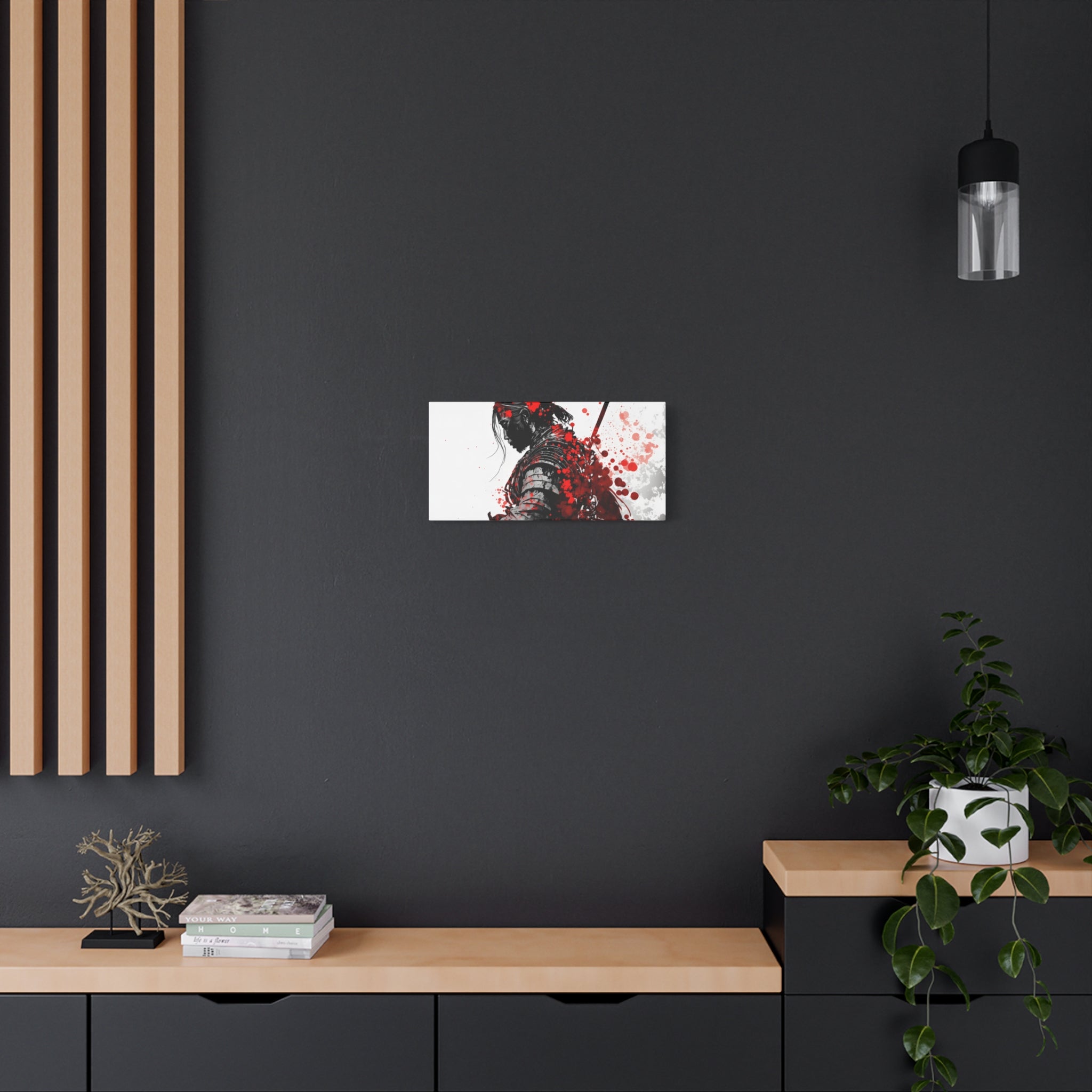 Samurai Warrior Ink Art – Red and Black Japanese Brush Style Canvas Print for Bold, Minimalist Spaces
