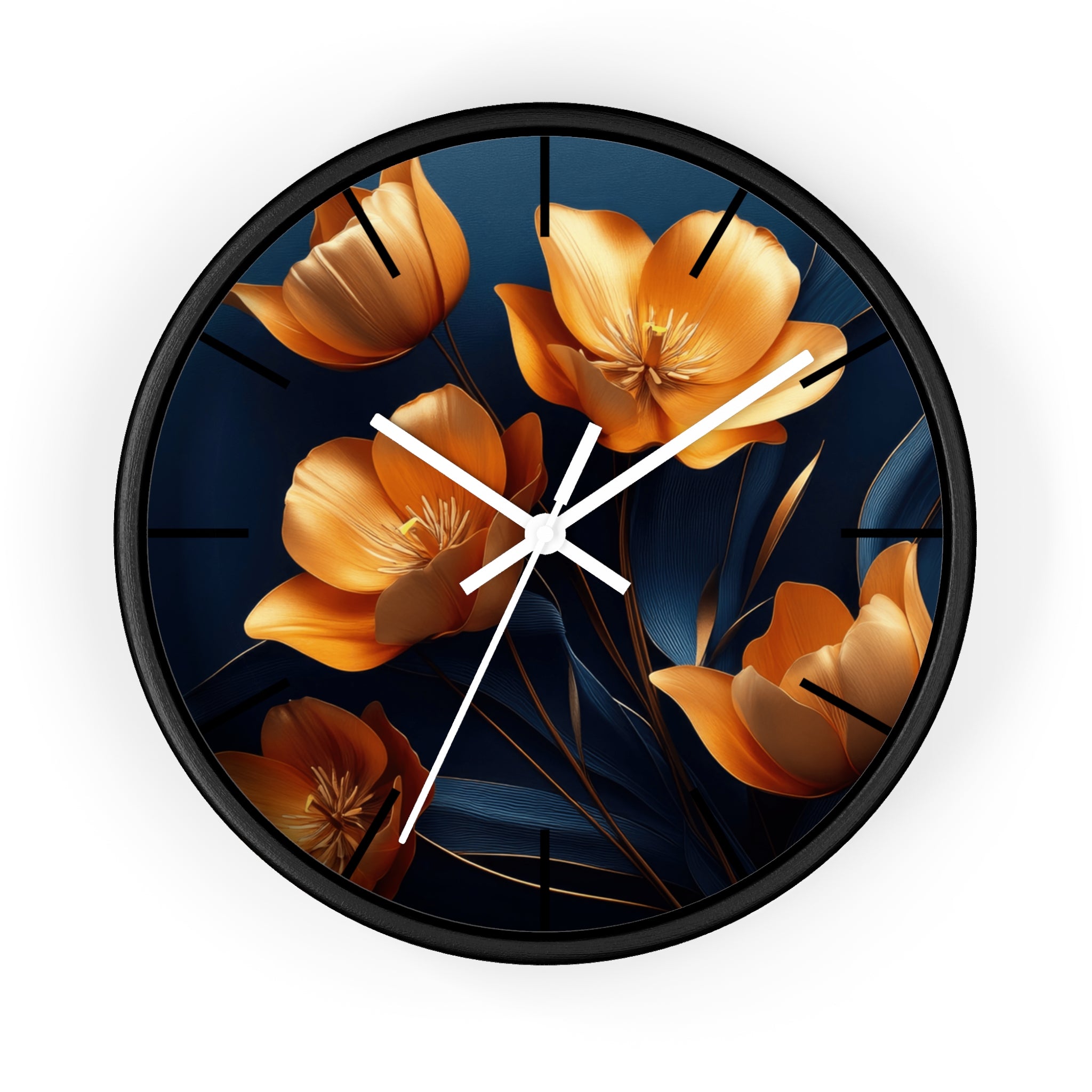 Golden Tulip Wall Clock – Elegant Floral Decor with Midnight Blue Backdrop