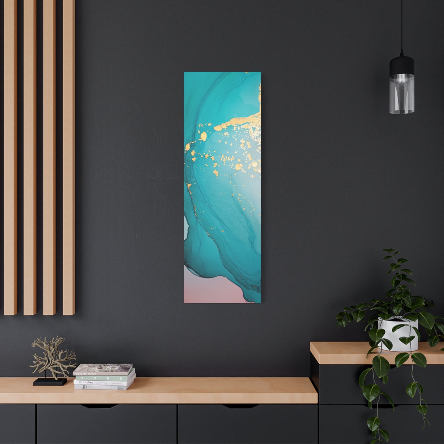 Turquoise & Gold Abstract Wall Art – Fluid Ink Canvas Print with Pink Accents for Modern Interior Décor