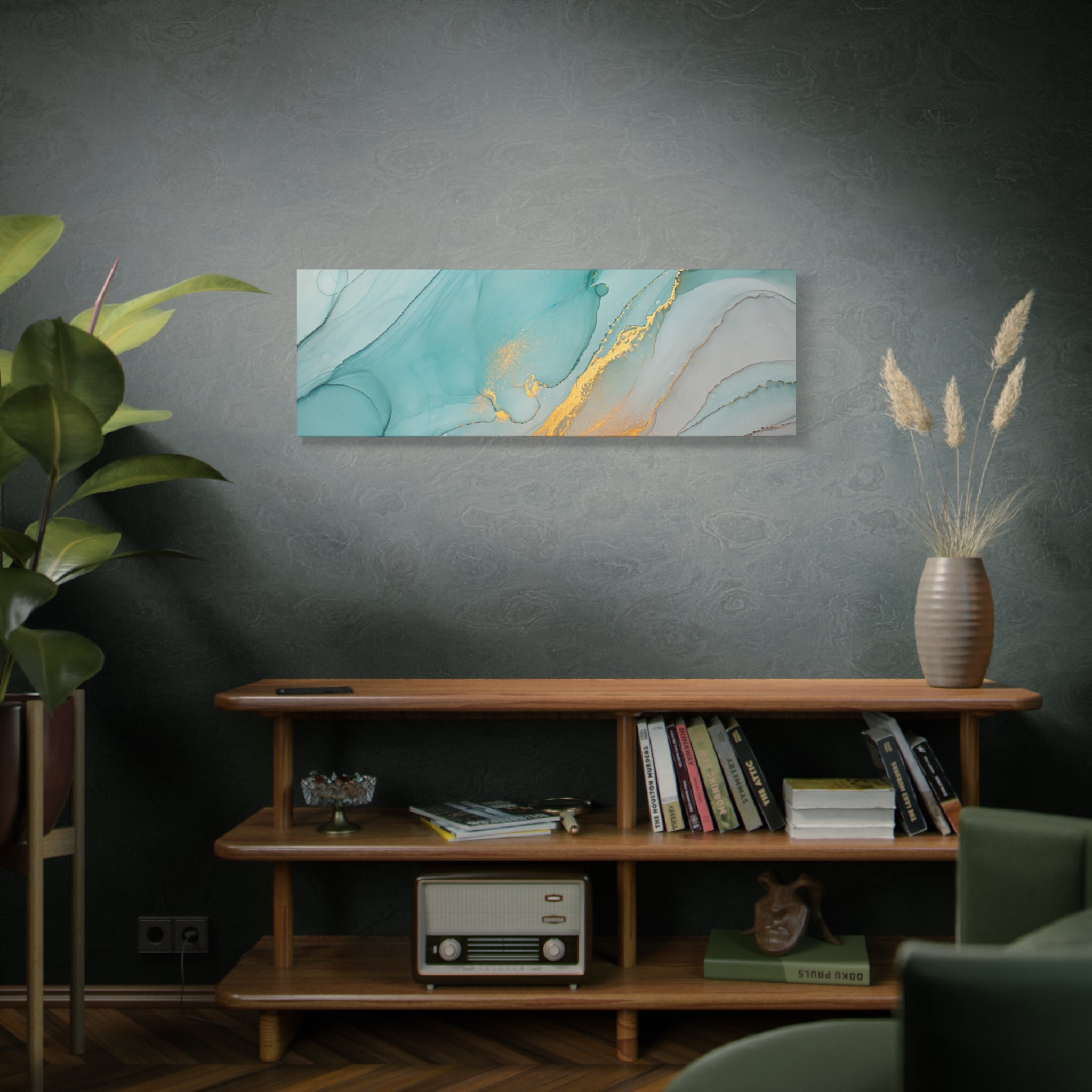 Aqua & Gold Fluid Abstract Canvas Wall Art – Modern Watercolor-Inspired Artwork for Living Room, Bedroom, or Office