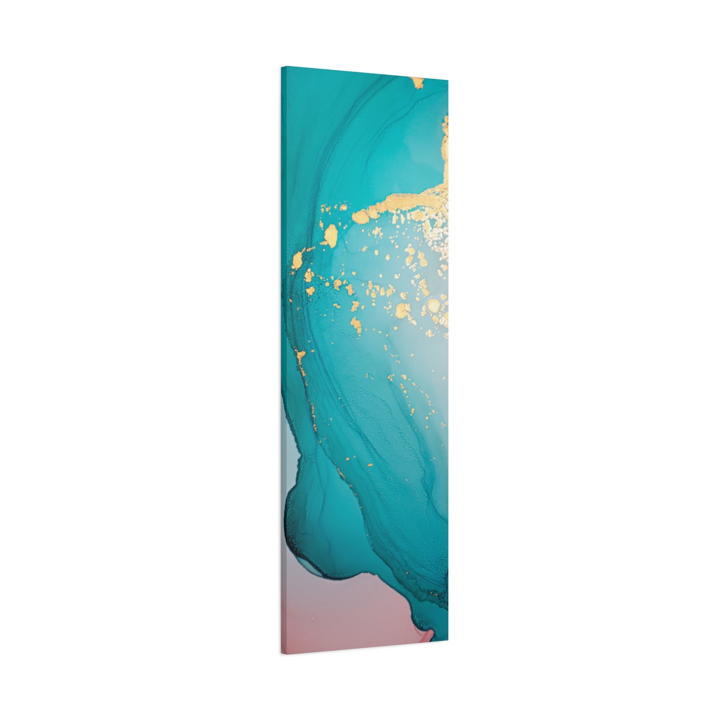 Turquoise & Gold Abstract Wall Art – Fluid Ink Canvas Print with Pink Accents for Modern Interior Décor