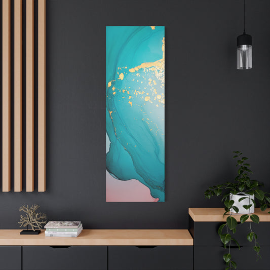 Turquoise & Gold Abstract Wall Art – Fluid Ink Canvas Print with Pink Accents for Modern Interior Décor