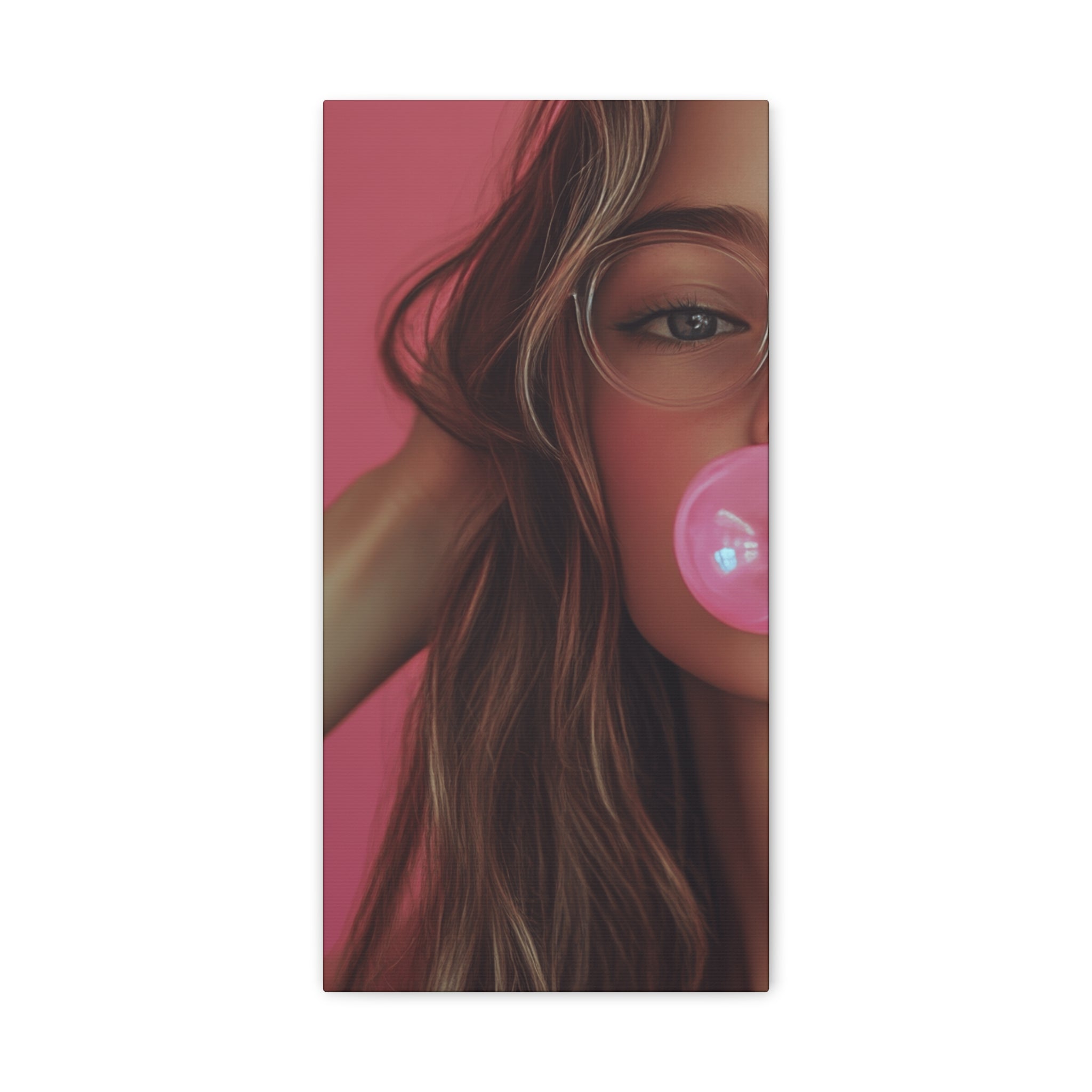 Trendy Bubblegum Girl Wall Art – Soft Pink Portrait Canvas Print with Retro Glasses Aesthetic