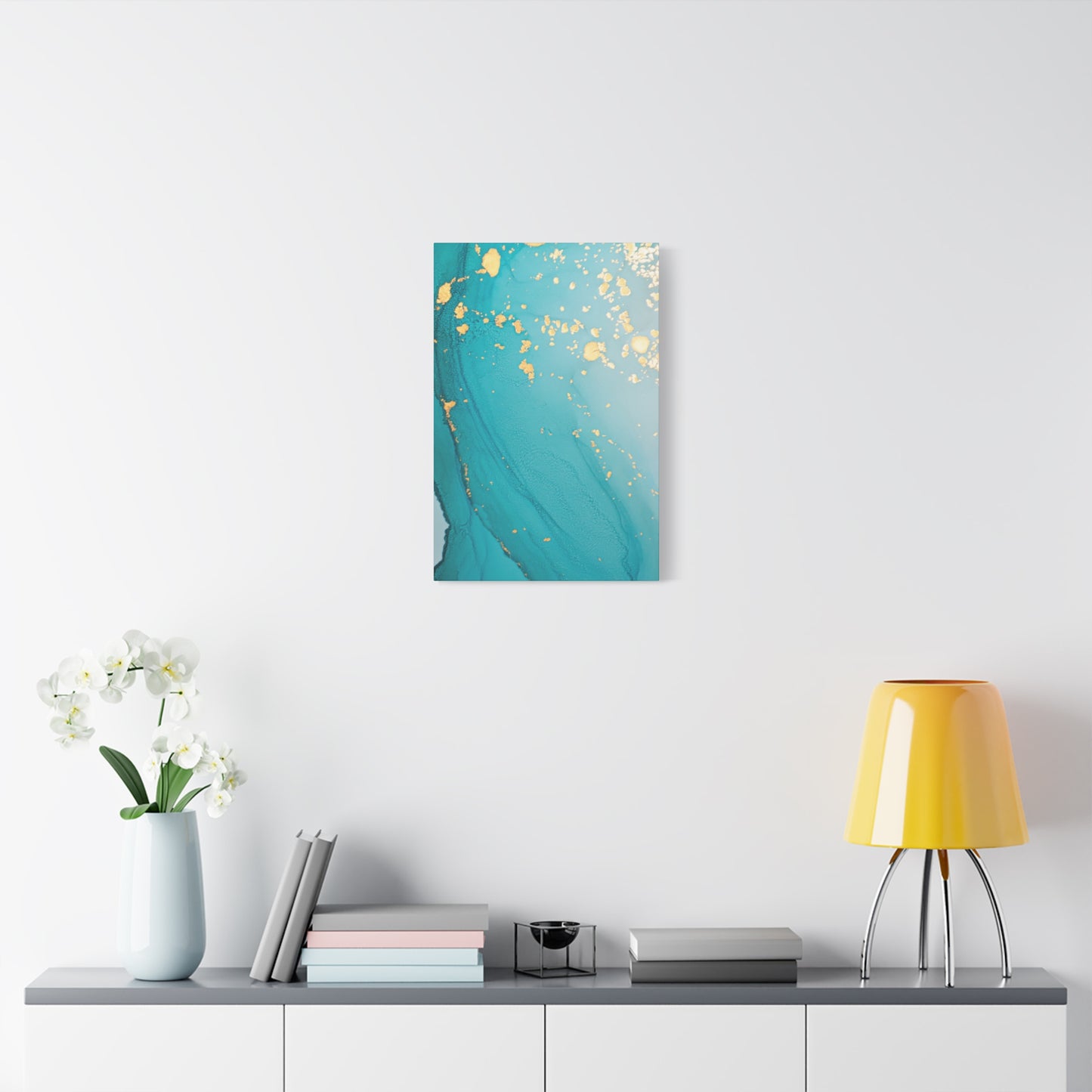 Turquoise & Gold Abstract Wall Art – Fluid Ink Canvas Print with Pink Accents for Modern Interior Décor